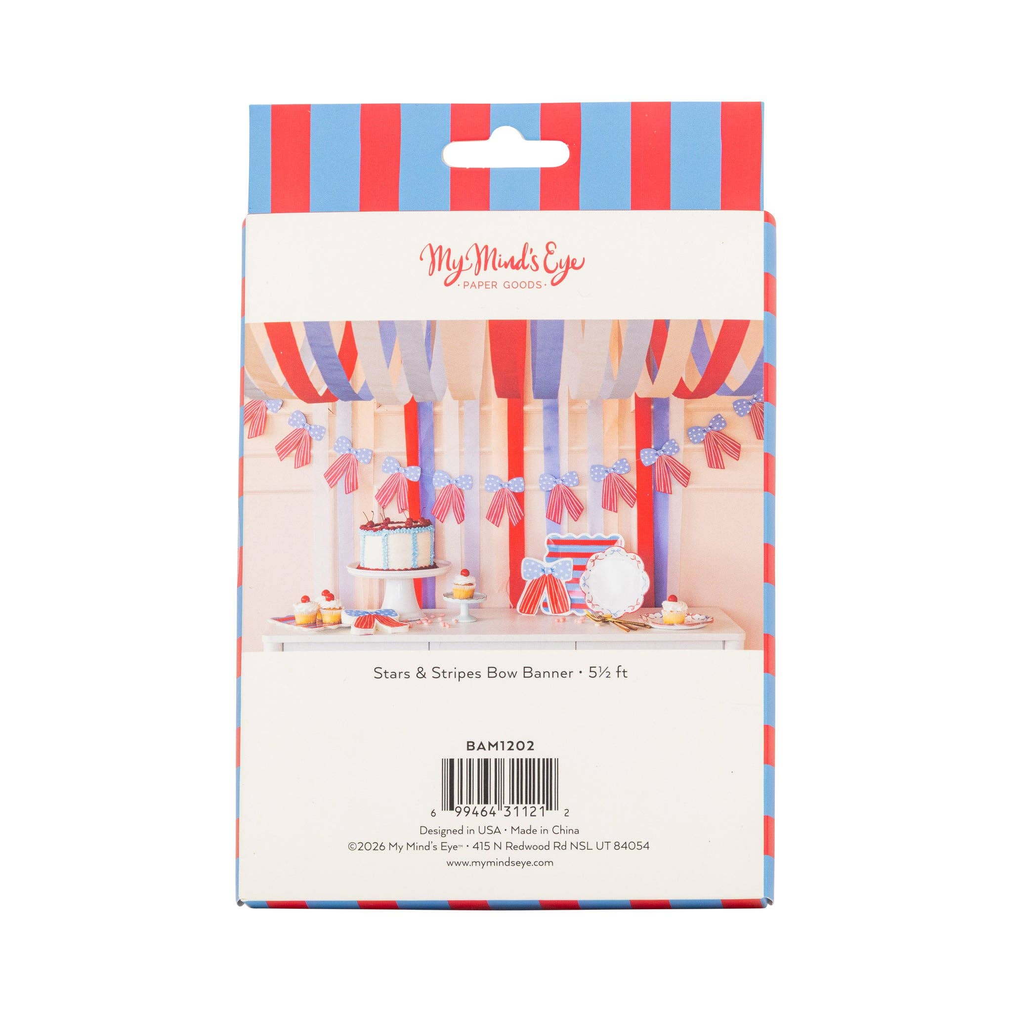 Back of retail packaging for stars and stripes bow banner showing styled dessert table photo, blue and red striped border, and product details