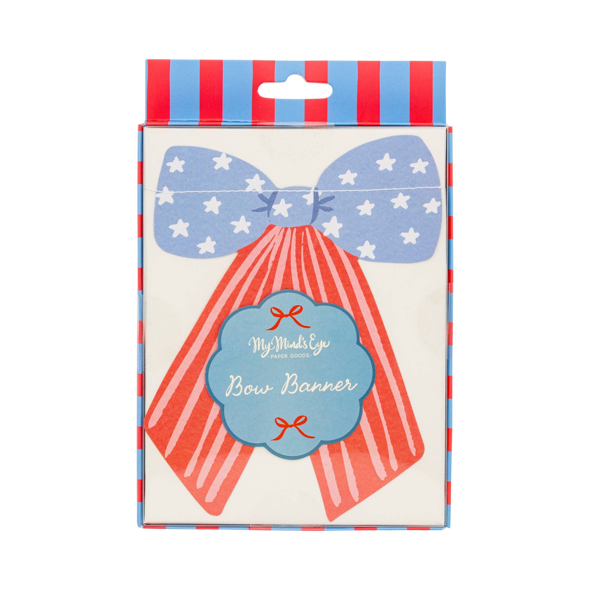 Front of retail packaging for stars and stripes bow banner showing single blue star and red stripe paper bow with scalloped product label
