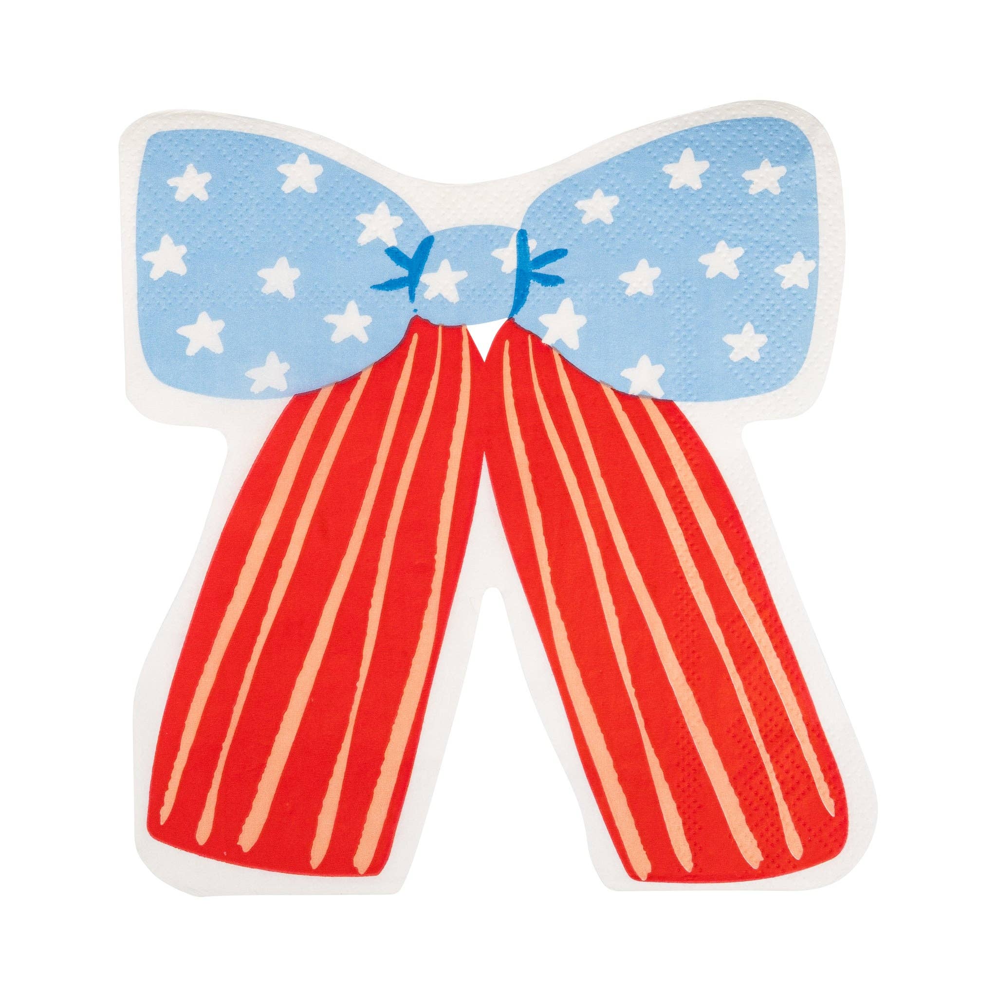 Single stars and stripes bow shaped paper napkin flat lay on white background showing blue star-print top and red-striped tails