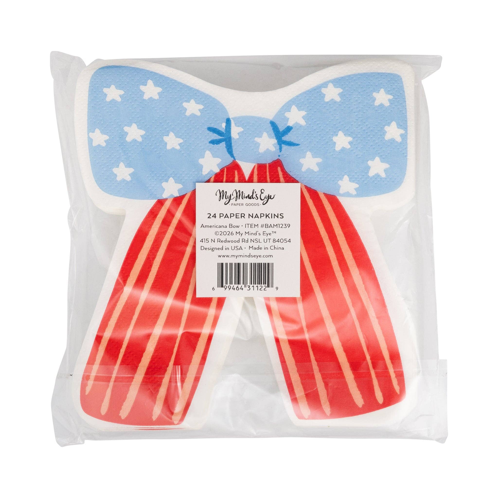 Back of cellophane packaging for stars and stripes bow shaped paper napkins showing blue star-print and red-striped bow design with product label