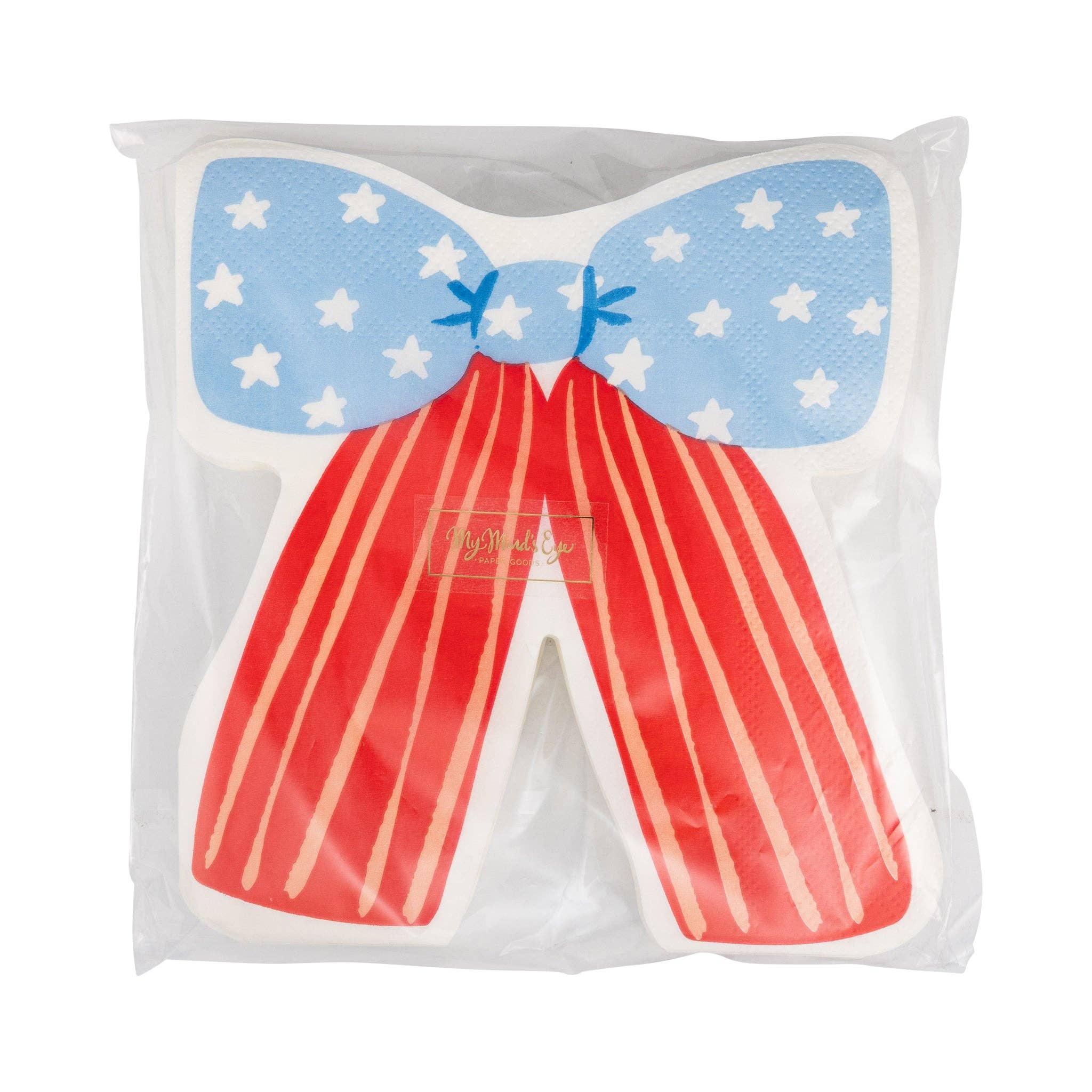 Front of cellophane packaging for stars and stripes bow shaped paper napkins showing full bow design with blue stars and red stripes