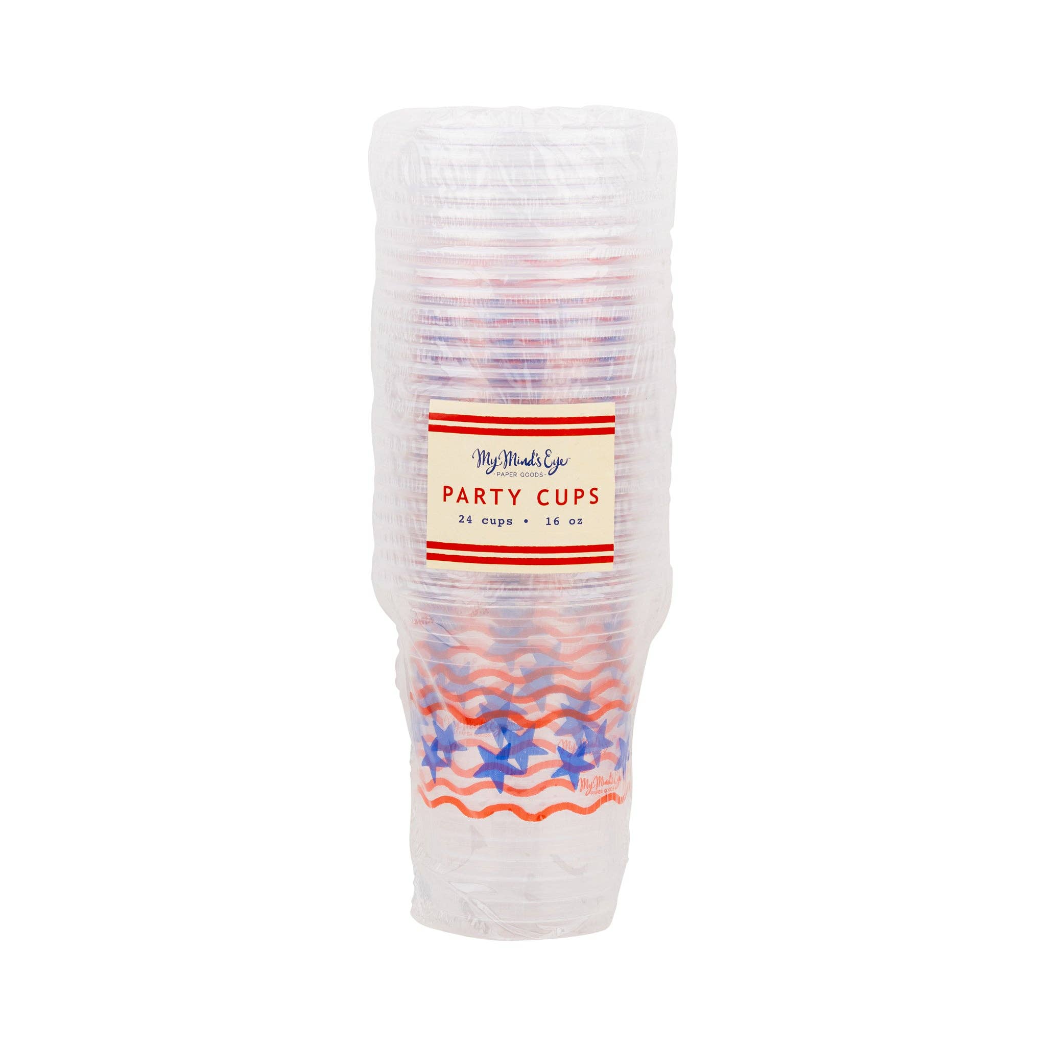 Front of packaging for stars and stripes party cups by My Mind's Eye showing 24 cups and 16 oz on label