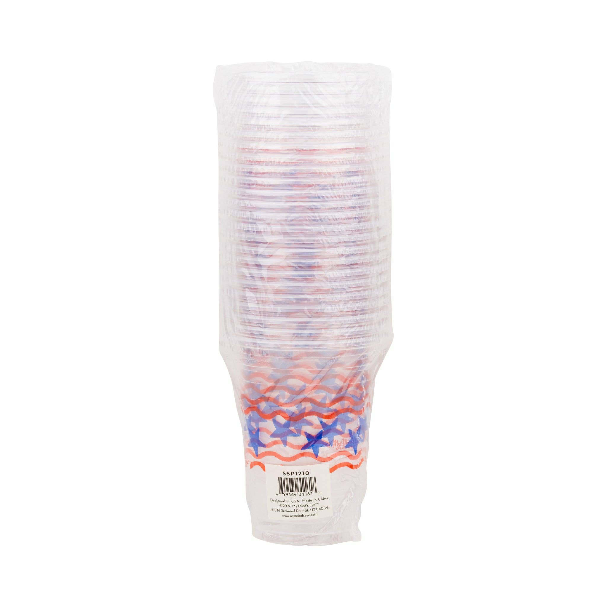 Back of packaging for stars and stripes clear plastic party cups showing stacked cups in cellophane wrap with SSP1210 label