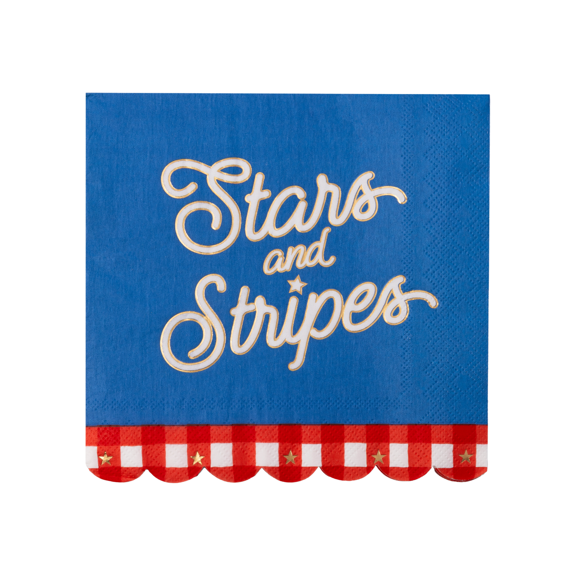 stars and stripes large napkin with red white blue design and gingham scalloped edge.