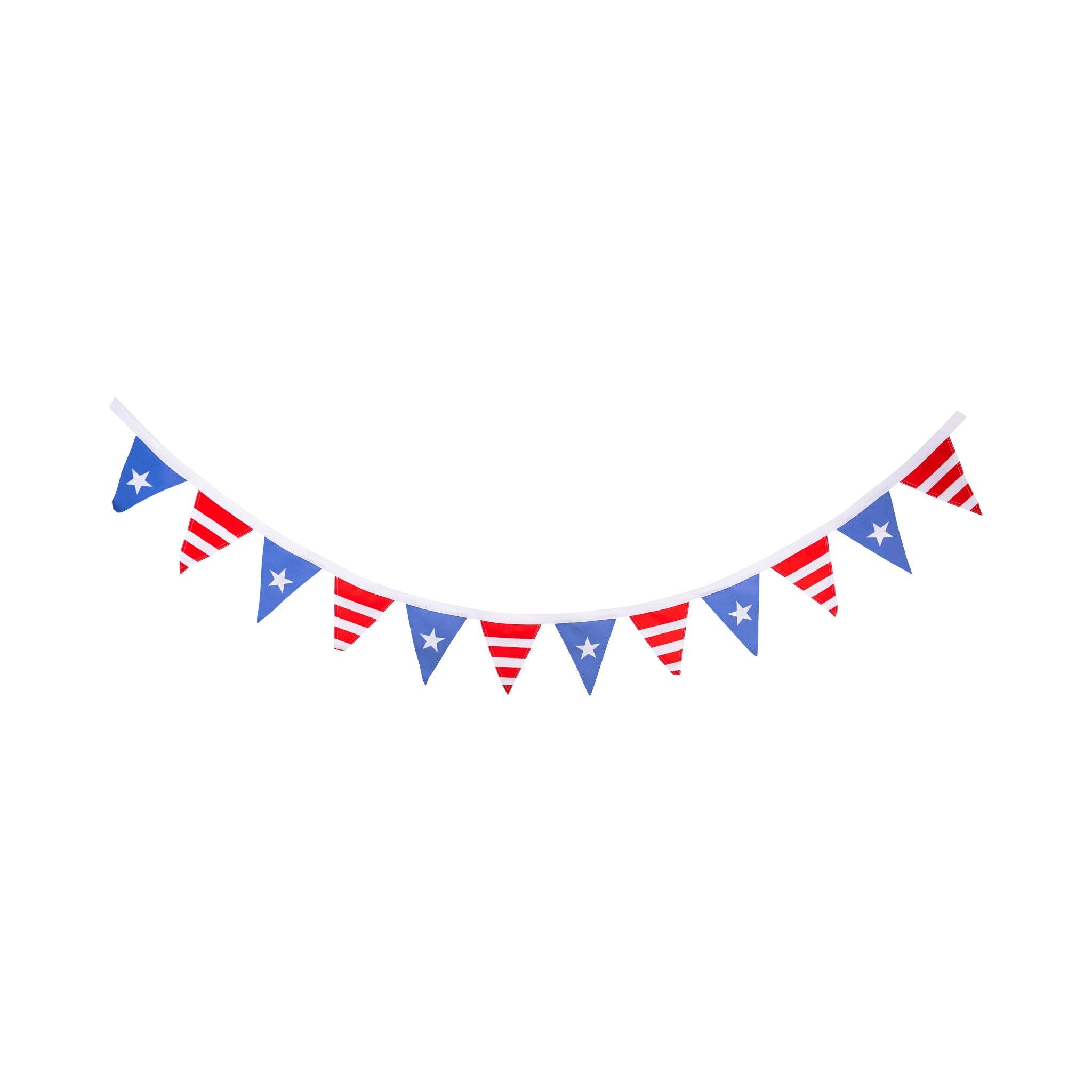 Full stars and stripes outdoor pennant banner displayed on white background showing all 12 alternating blue star and red stripe triangle pennants on cream ribbon