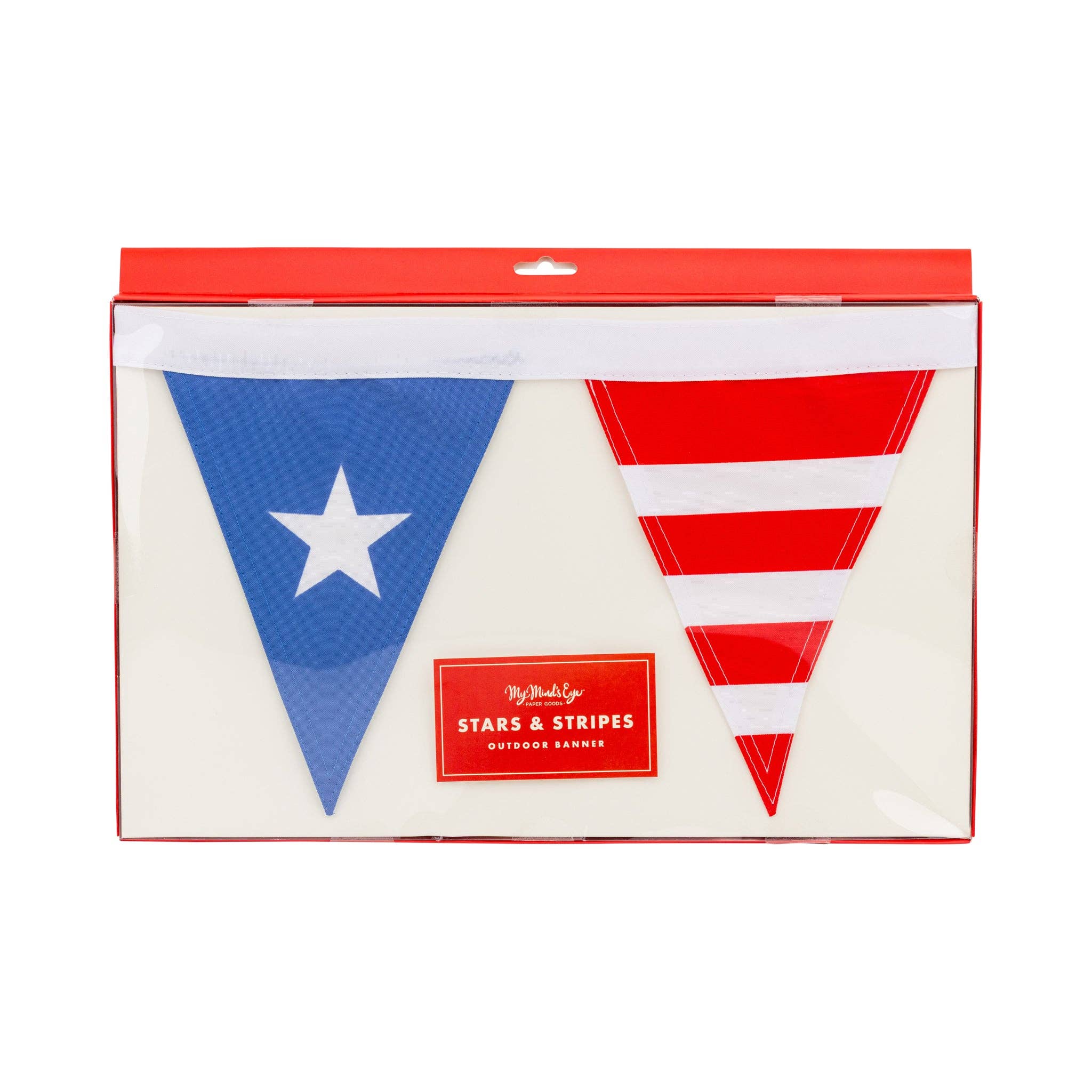 Stars and stripes outdoor pennant banner in red retail box packaging showing two triangle pennant pieces with star and stripe designs