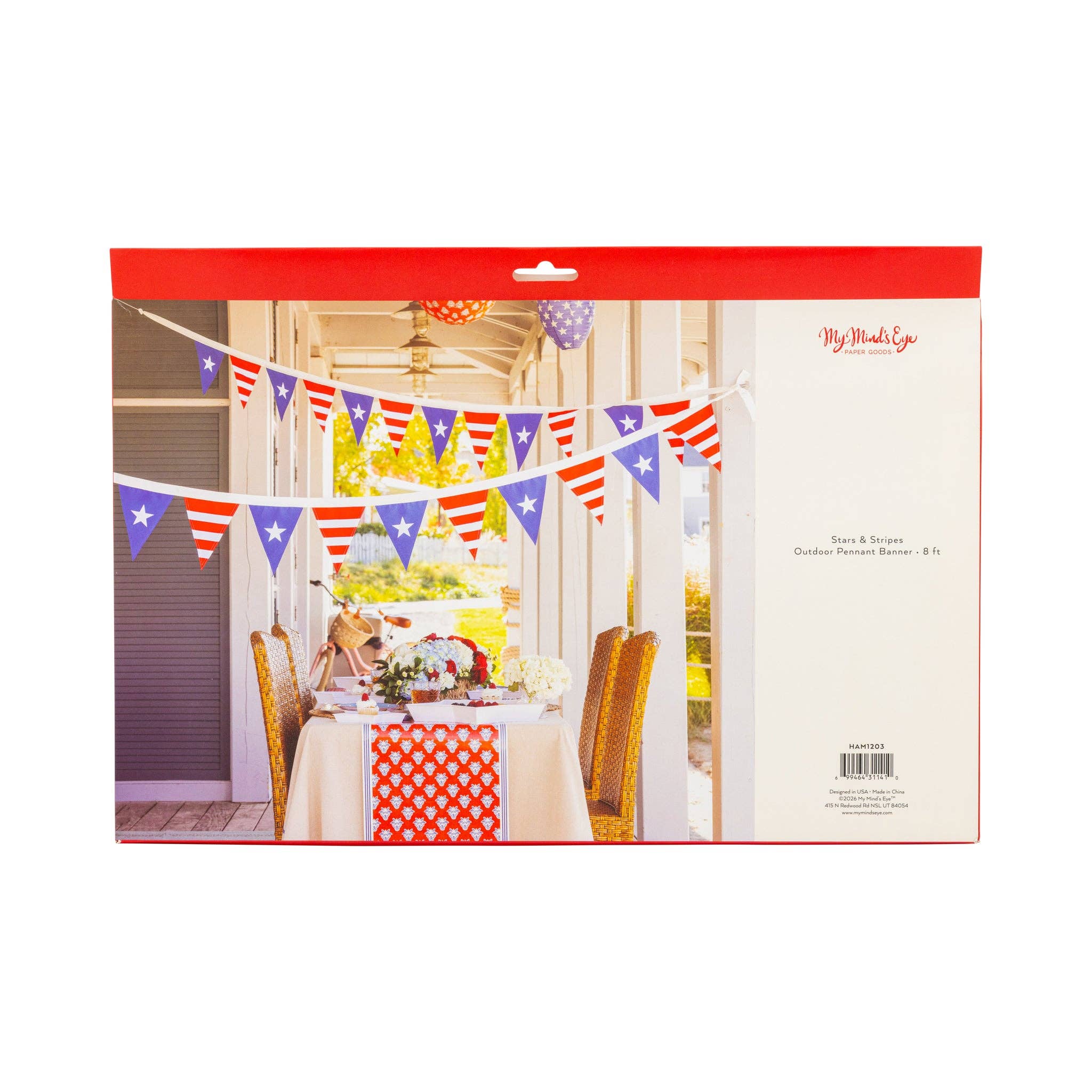 Front of retail packaging for stars and stripes outdoor pennant banner by My Mind's Eye showing lifestyle photo and item HAM1203