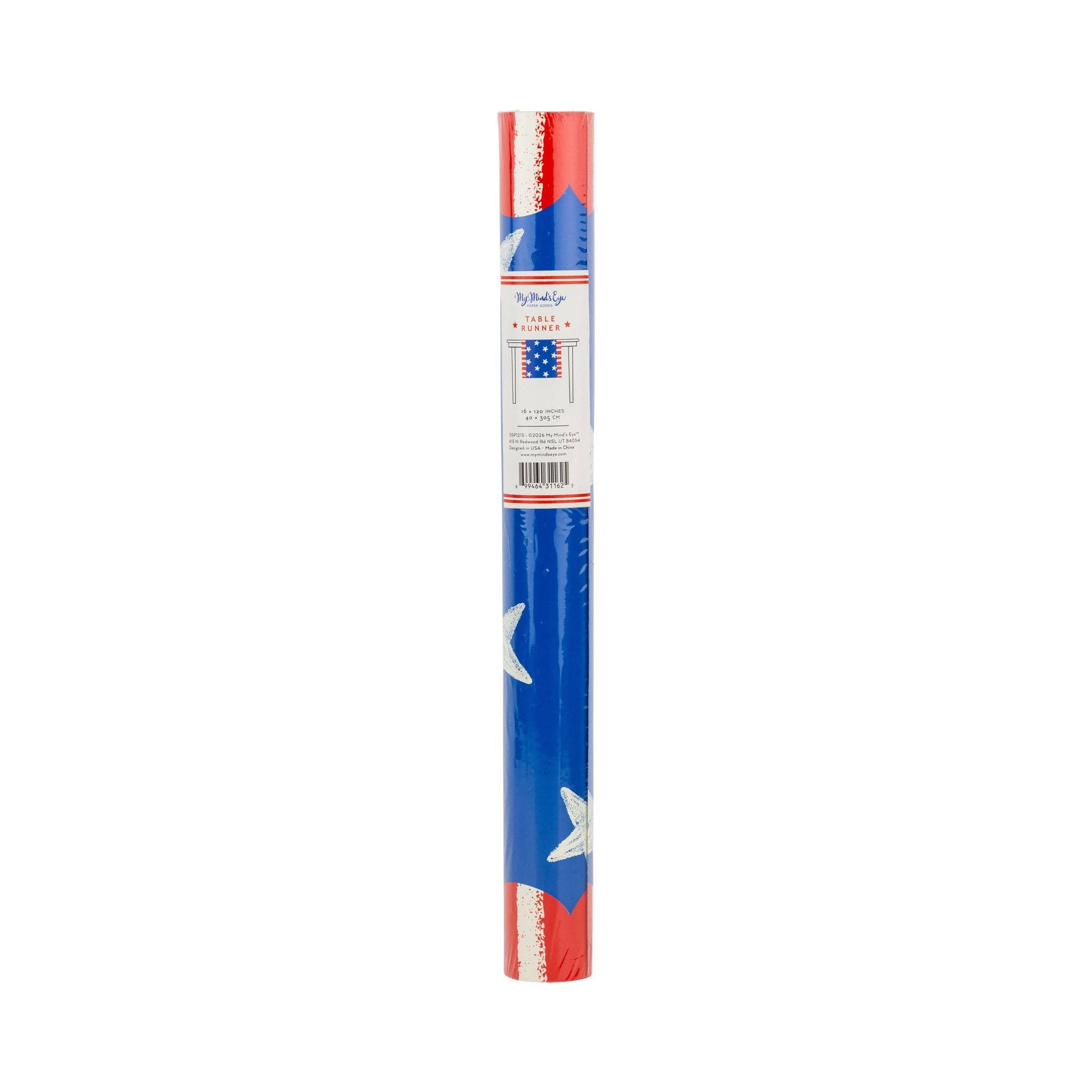 Stars and stripes paper table runner in rolled tube packaging by My Mind's Eye showing table runner label with 16 by 120 inch dimensions