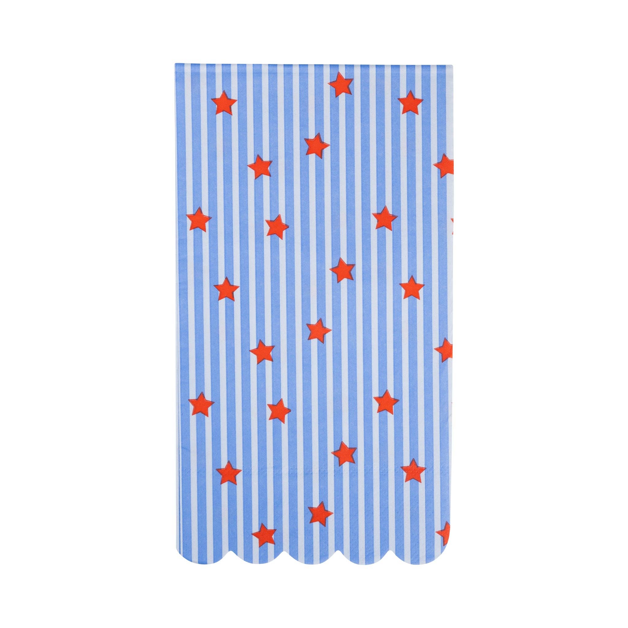 Single stars and stripes paper guest napkin laid flat showing blue and white vertical stripe pattern, scattered red stars, and scalloped bottom edge