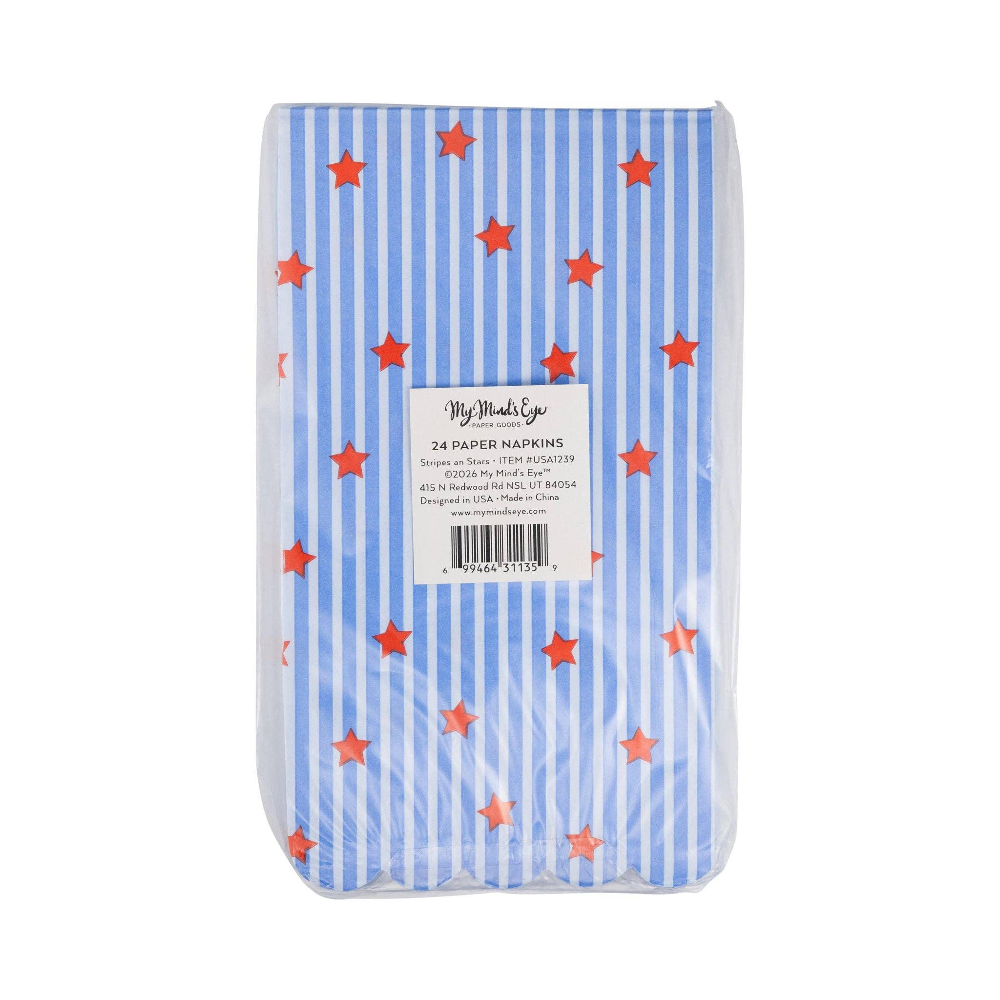 Back of packaging showing 24-count label for stars and stripes scalloped paper guest napkins by My Mind's Eye, item USA1239