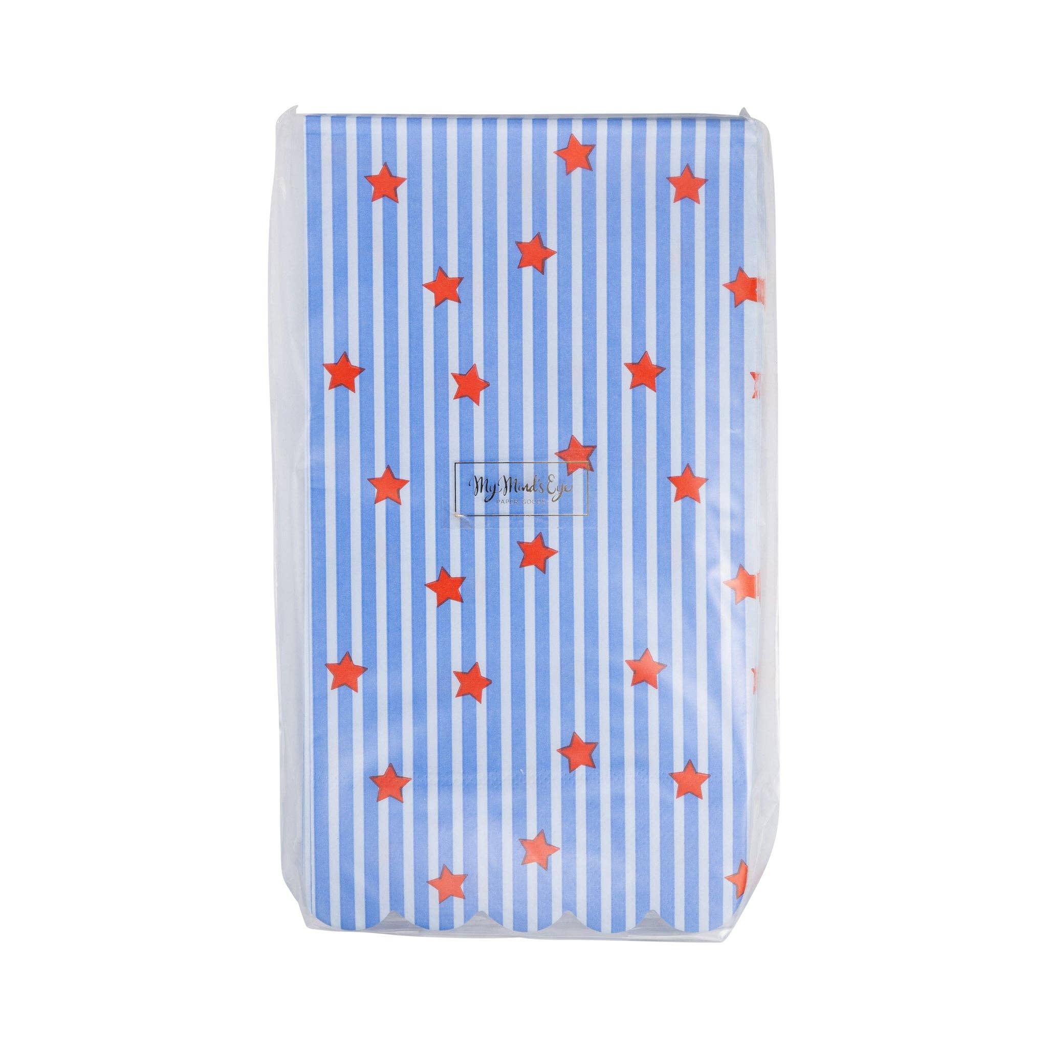 Front of sealed package of blue striped paper guest napkins with red star print