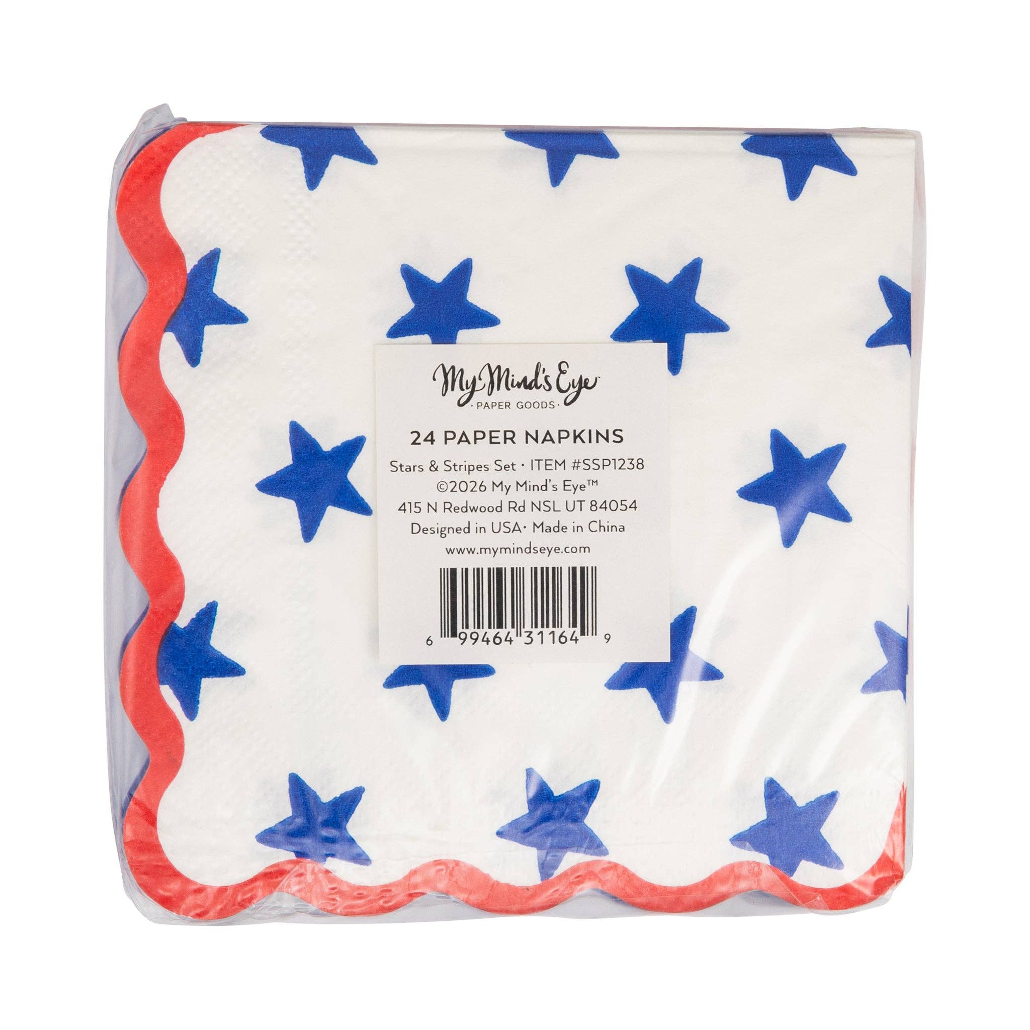 Back of packaging for Stars and Stripes Paper Napkin Set showing 24 count and barcode