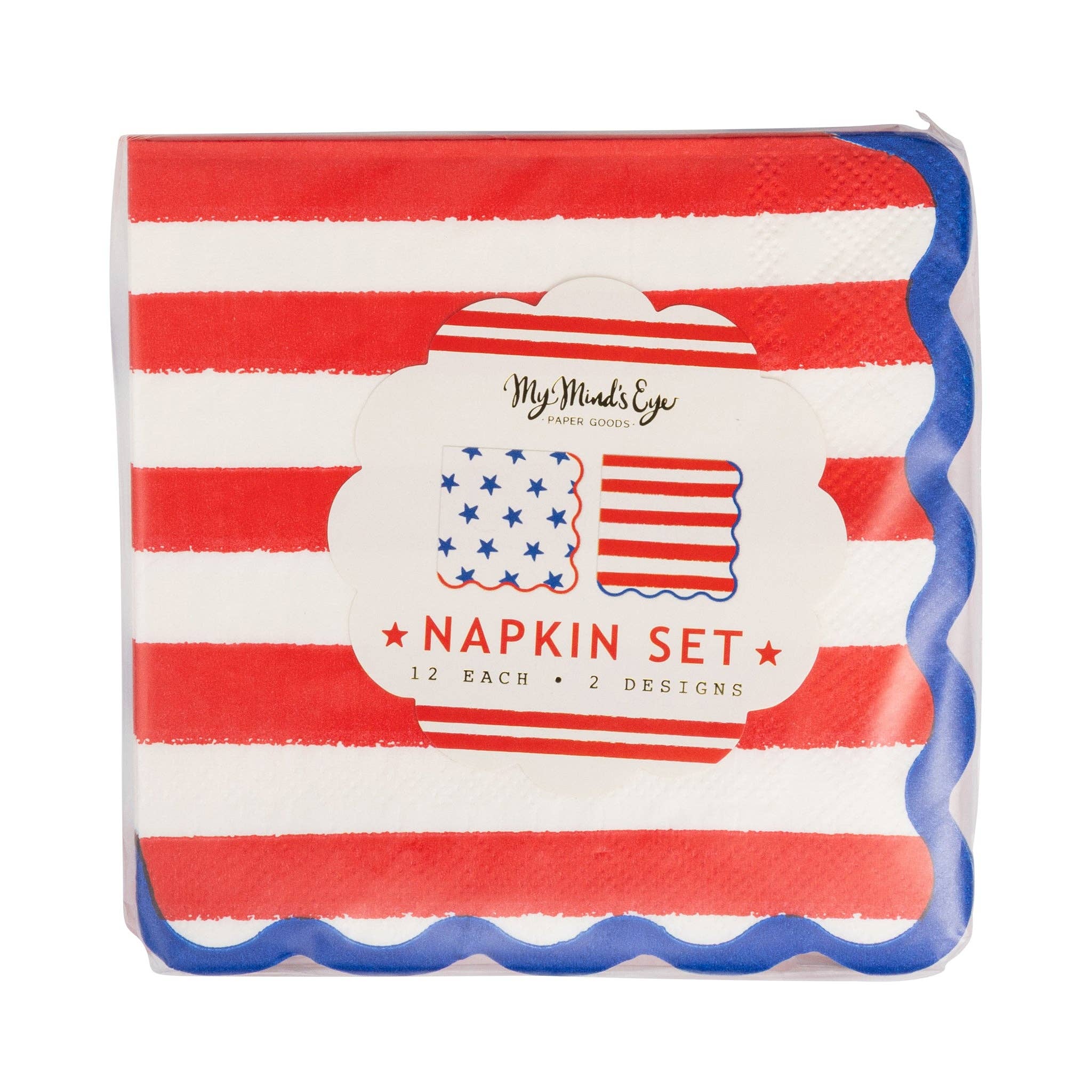 Front of packaging for Stars and Stripes Scalloped Napkin Set showing both designs with label reading 12 each 2 designs