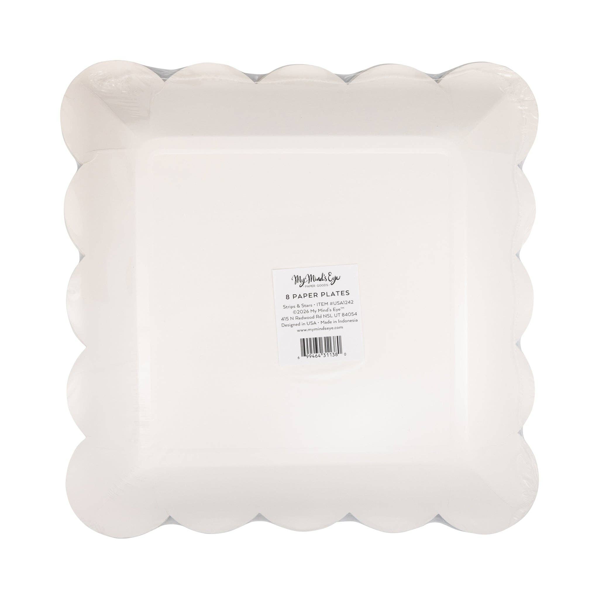 Back of packaging for stars and stripes scalloped square paper plates showing cream plate with product label and 8 count