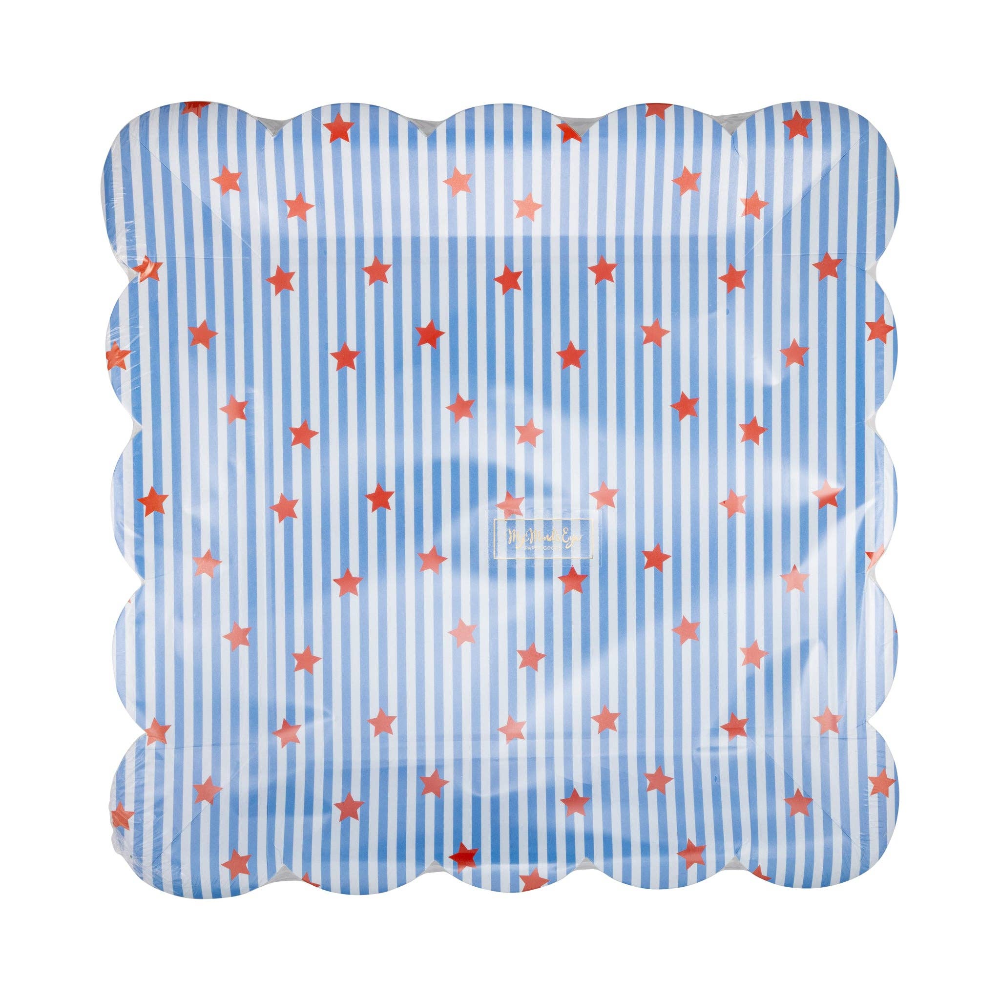 Front of packaging for stars and stripes scalloped square paper plates showing blue and white pinstripes with red stars and scalloped edge in cellophane