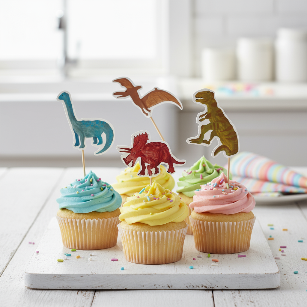 Colorful cupcakes with pastel frosting featuring dinosaur toppers