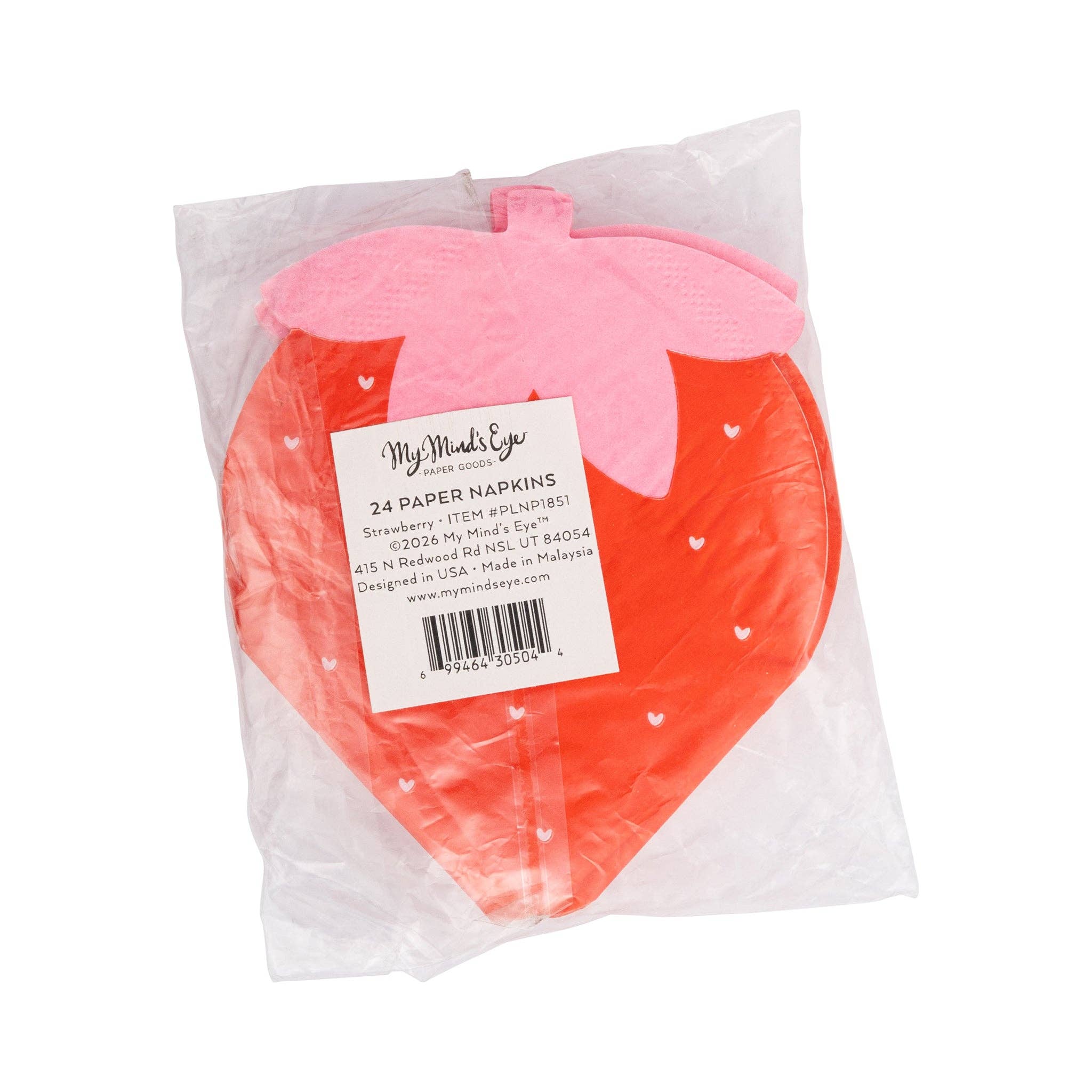 This image shows the back of the packaged strawberry cocktail napkins with the product label visible.