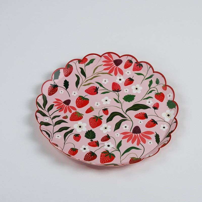 Isolated product shot of an 8.5-inch Strawberry Paper Plate showing the red scalloped edge and illustrated blossoms.