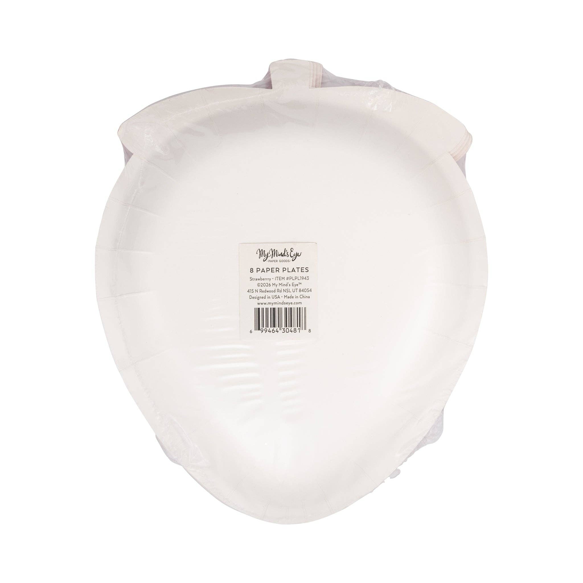 Back view of packaged strawberry paper plates with product label visible.