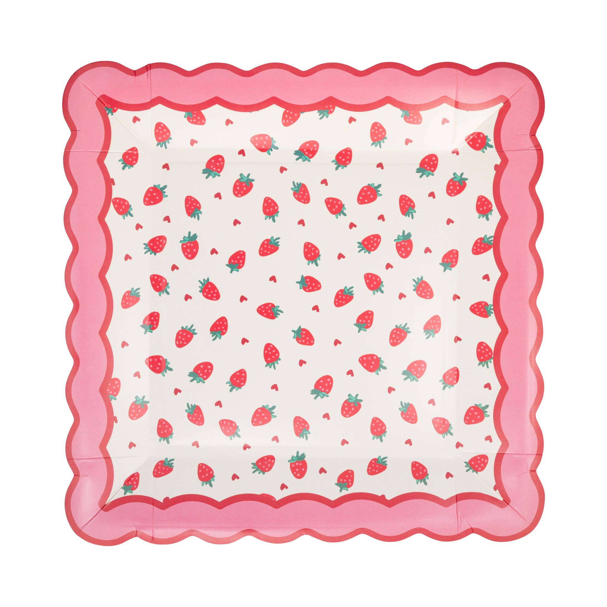 Square scalloped paper plate with pink border and strawberry and heart pattern design.
