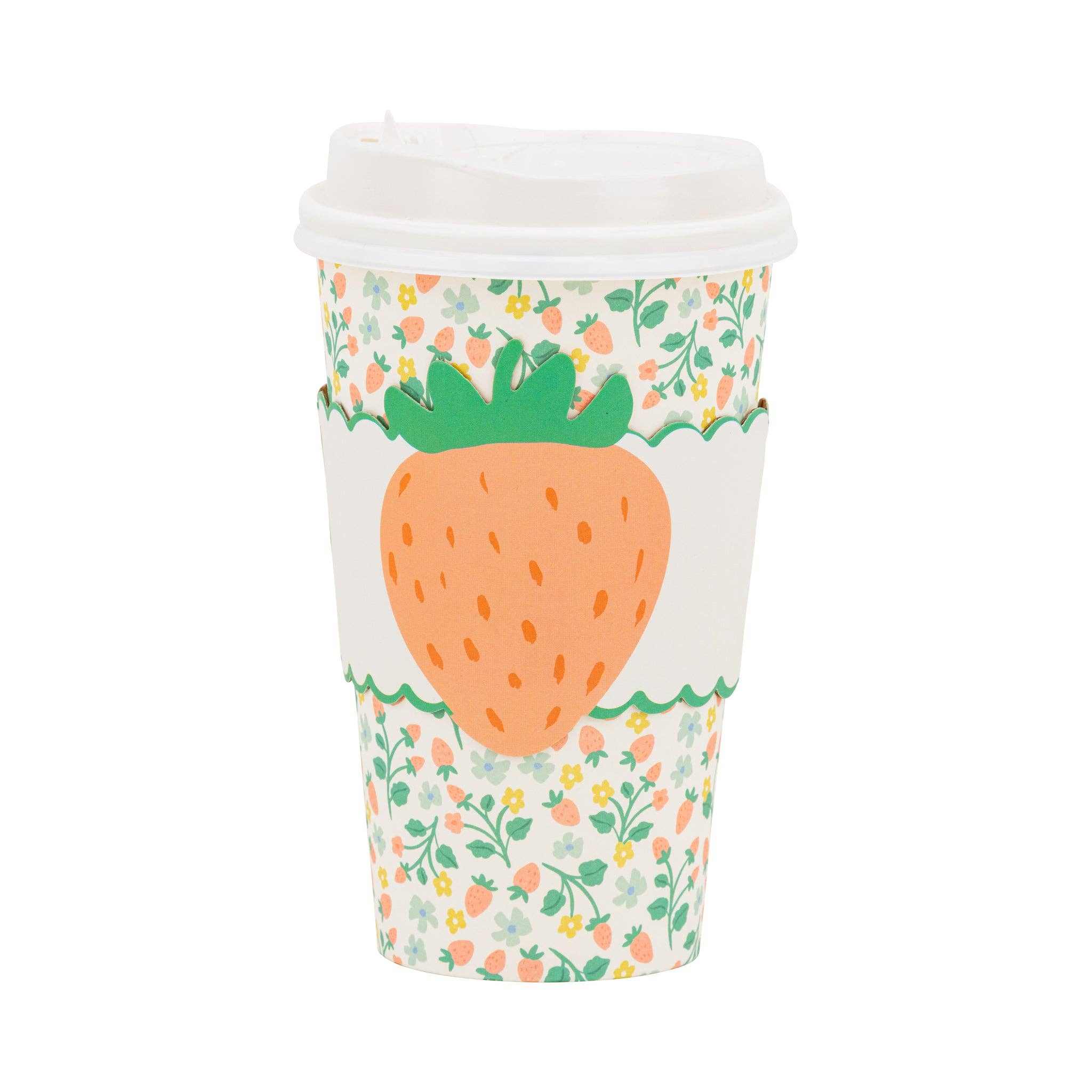 Close up of a Strawberry Pattern To Go Cups product showing the lid, floral cup, and Cottagecore Chic strawberry motif sleeve.