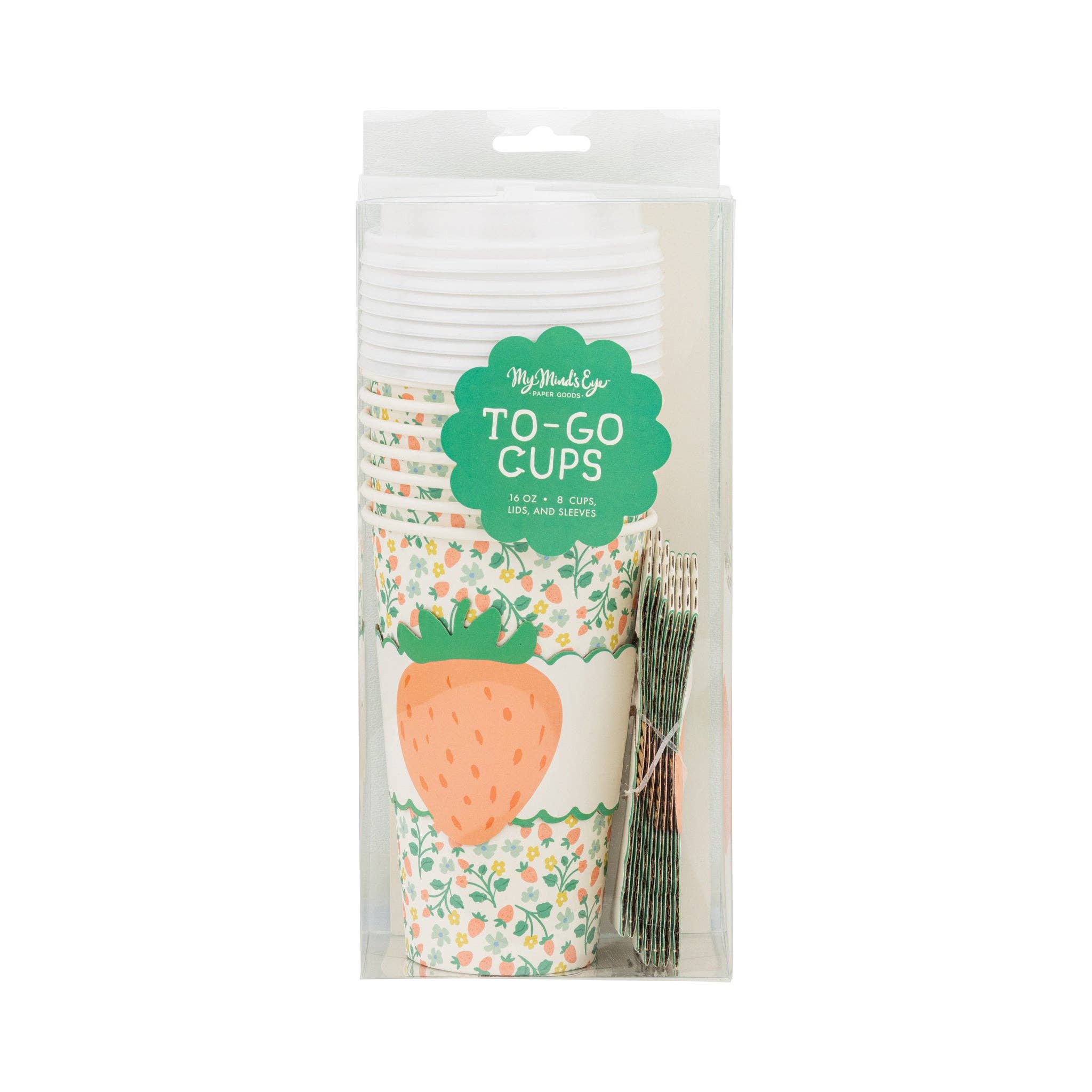 Retail packaging for 8 Strawberry Pattern To Go Cups with matching sleeves and lids.
