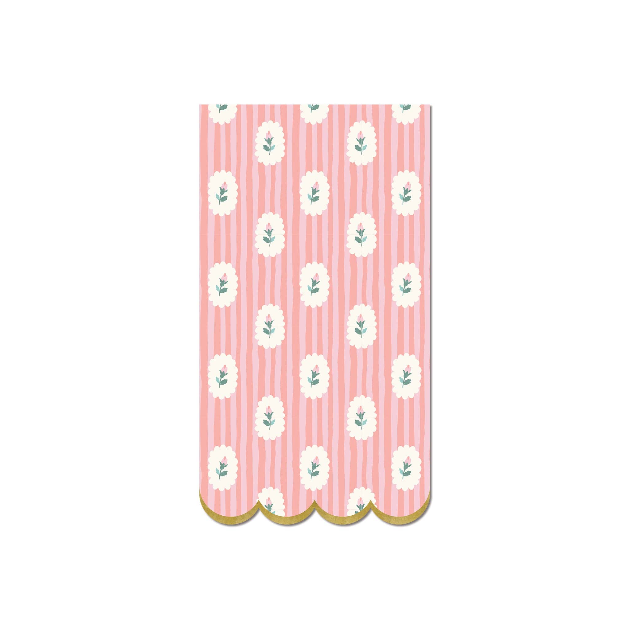 Pink striped floral paper dinner napkin with scalloped gold edge on white background