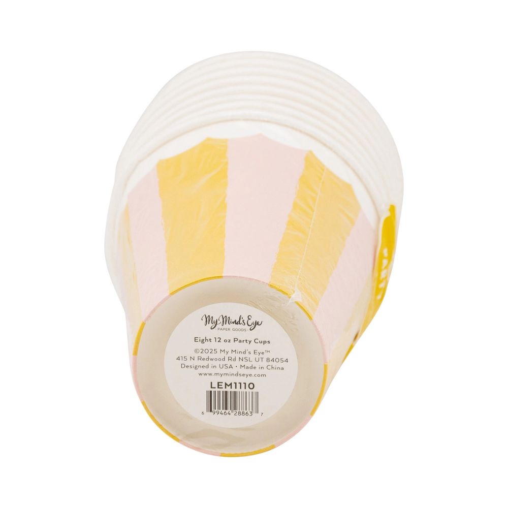 Bottom view of striped party cups showing product label
