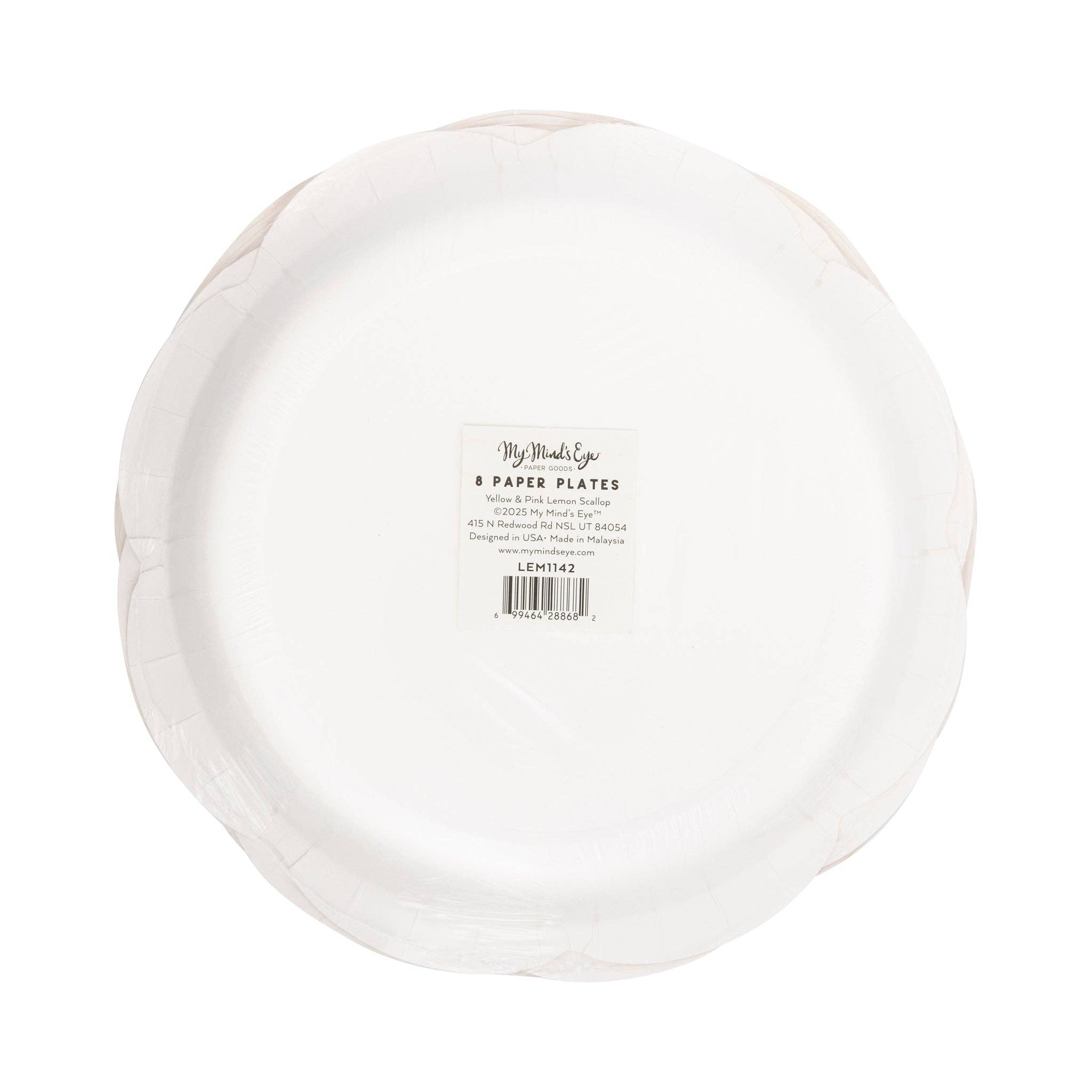 Packaged yellow pink striped scallop plates back view