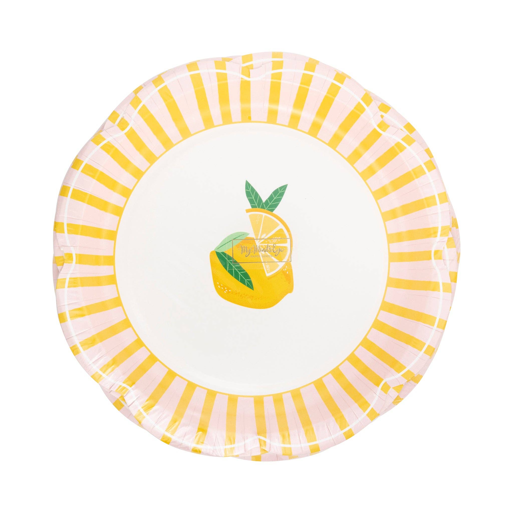 Packaged yellow pink striped scallop plates front view