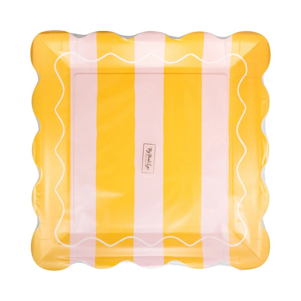 Packaged striped scalloped square plates front view