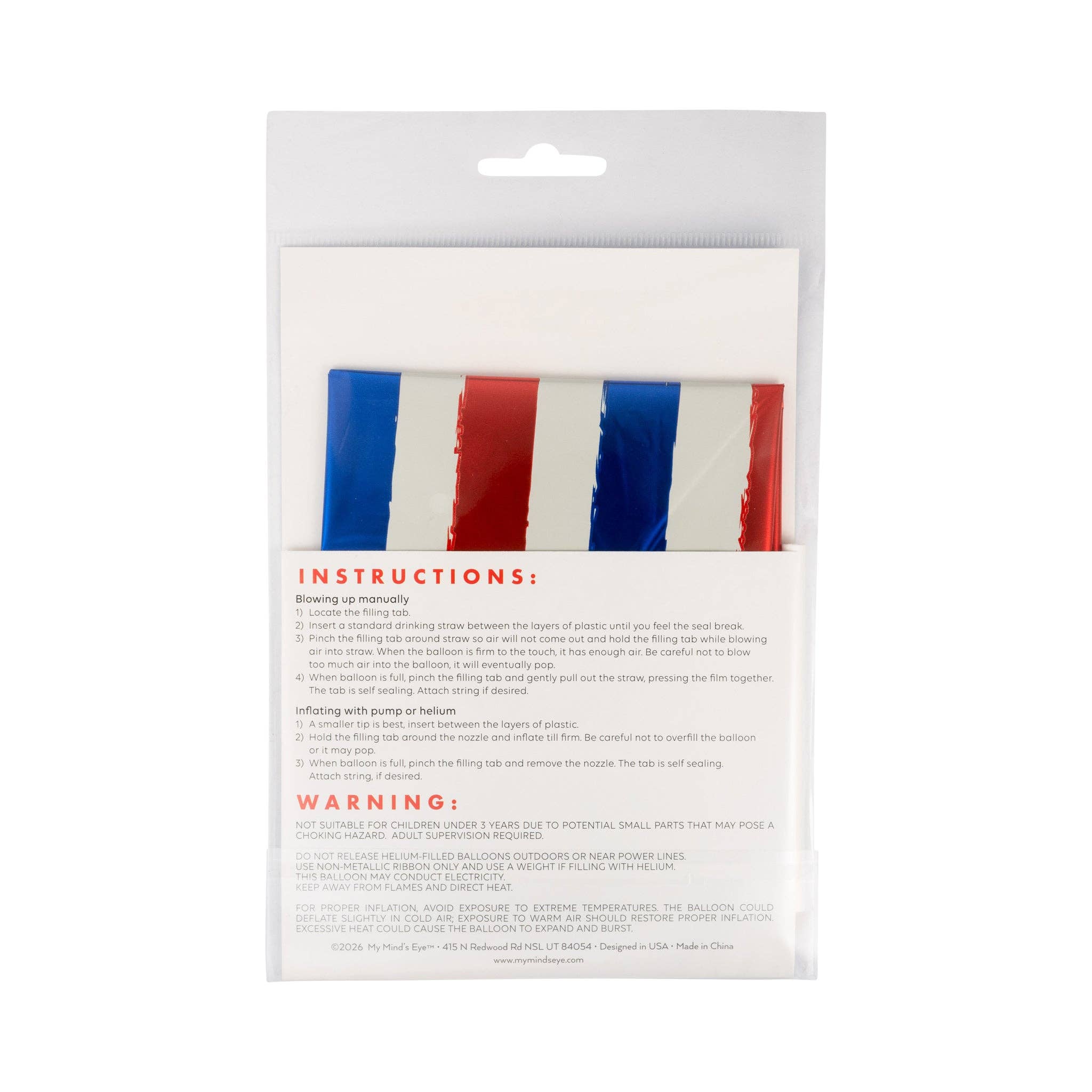 Back of packaging for striped star mylar balloon showing inflation instructions and safety warnings