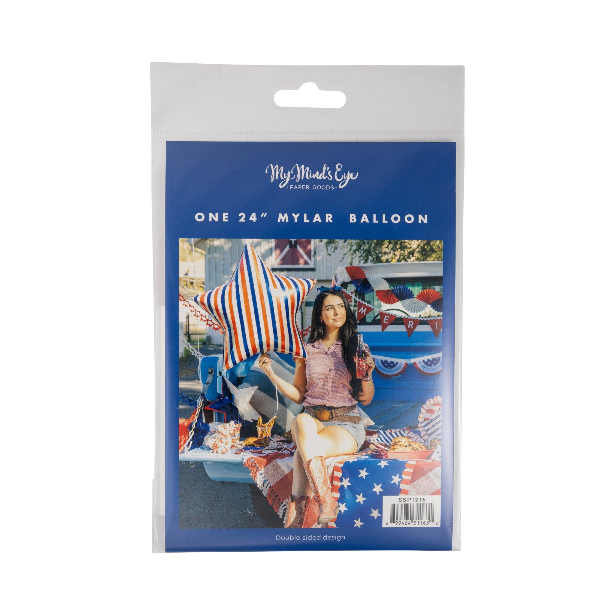 Product packaging for red white and blue striped star mylar balloon by My Mind's Eye showing 24 inch double-sided design with 4th of July lifestyle photo
