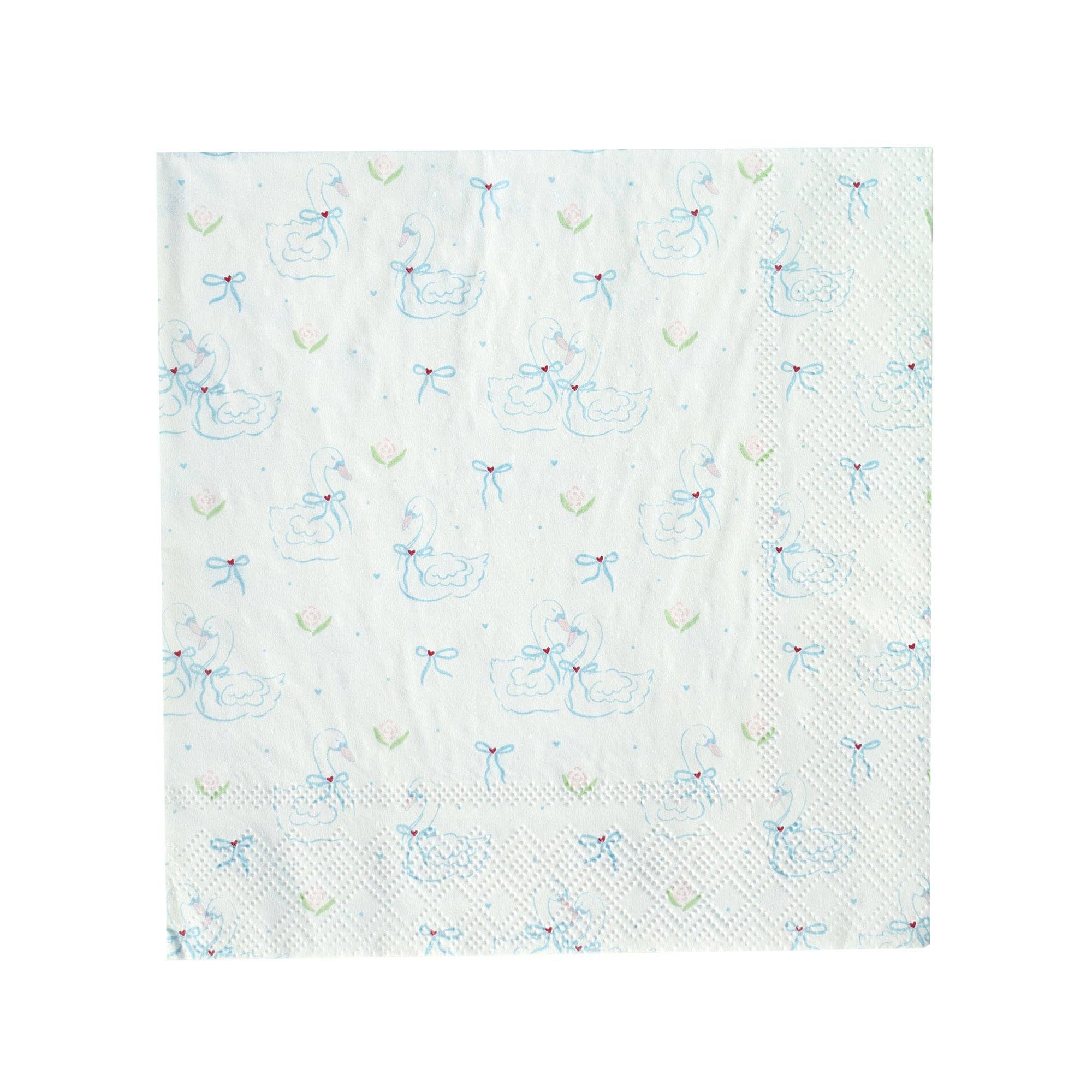 Single large white paper napkin with allover hand-sketched blue swan toile pattern featuring bows tulips and hearts on white background