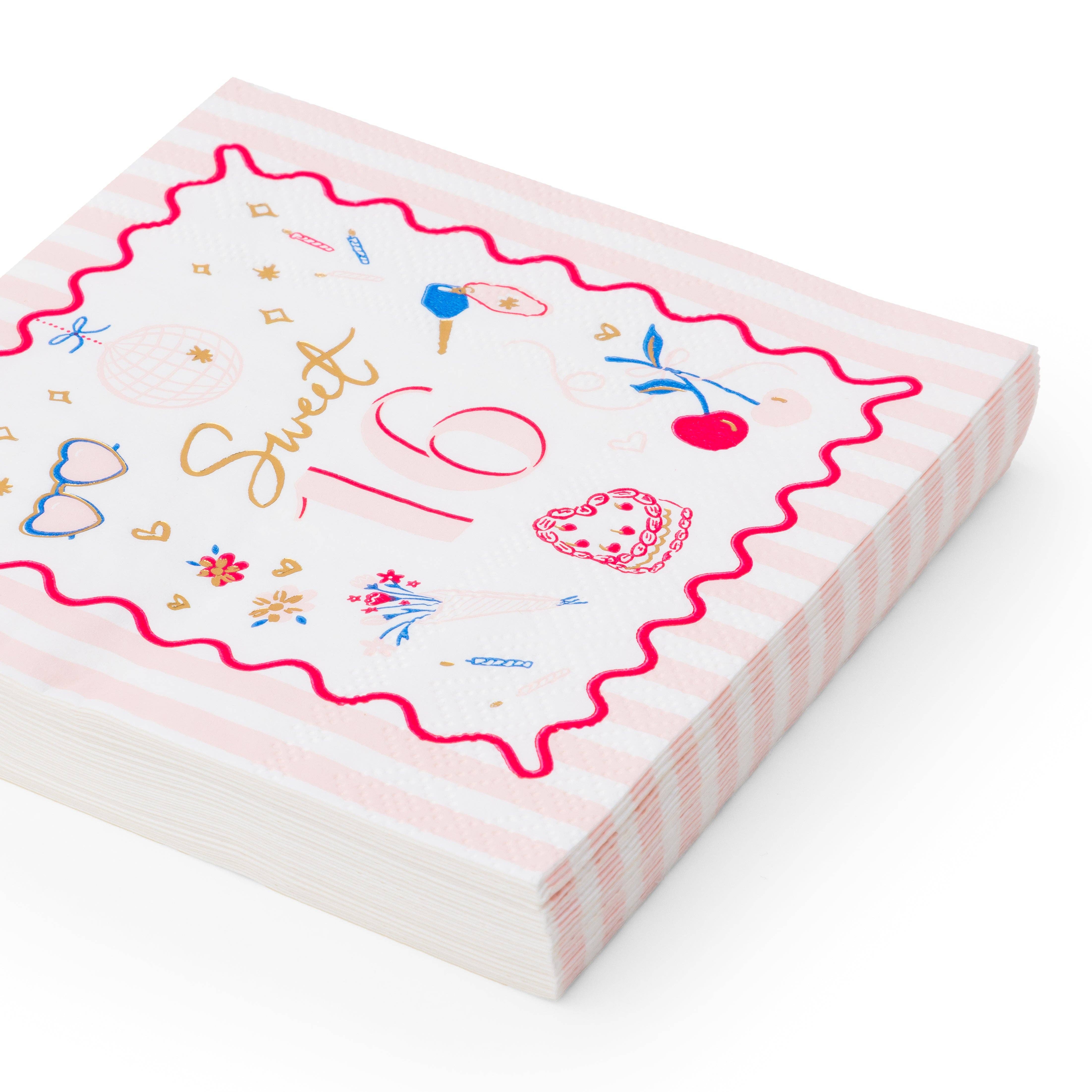 Stack of 5-inch pink and white striped napkins with hand-drawn Sweet 16 icons like car keys, cherries, and sunglasses.