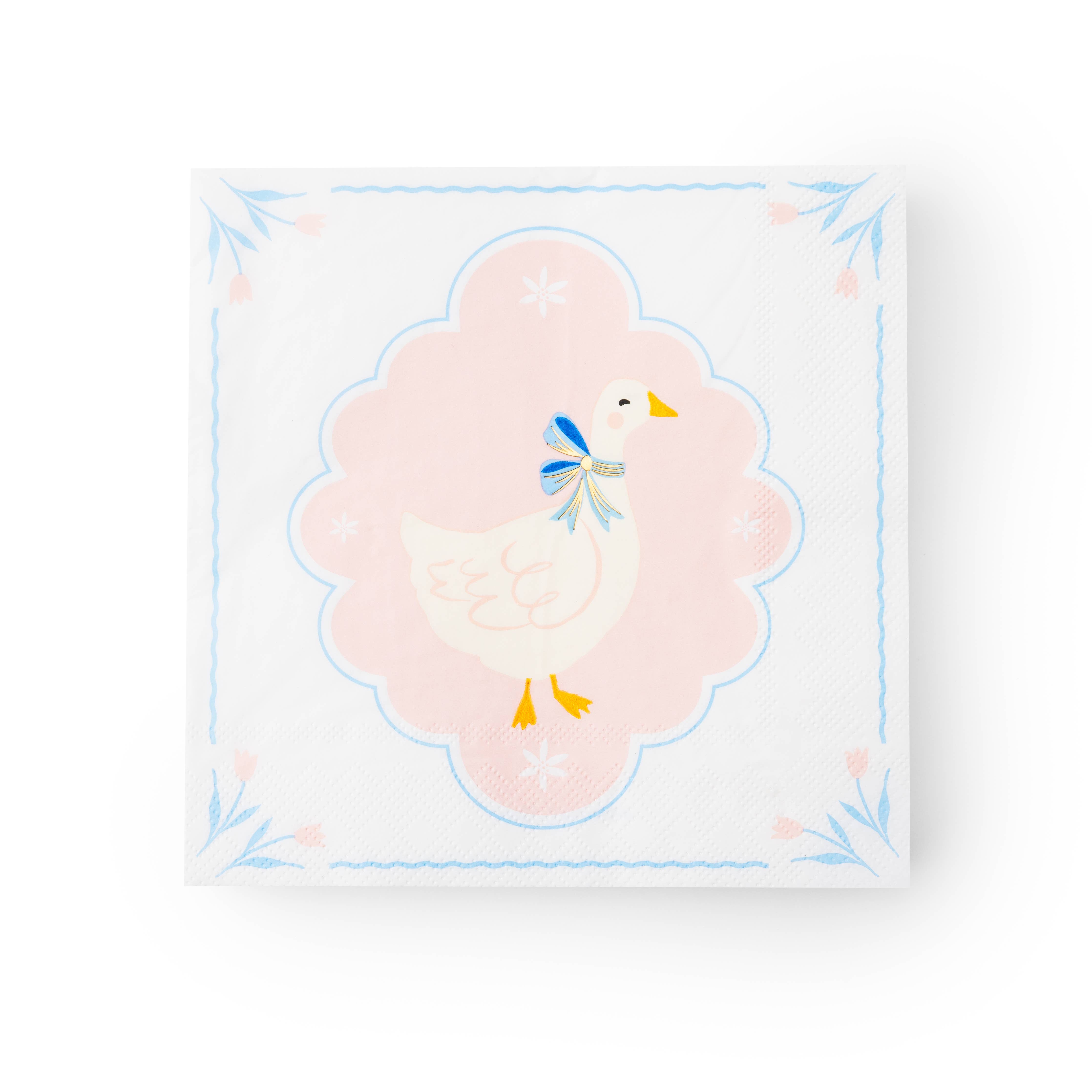 Sweet goose large napkin with blue bow and pink tulip design