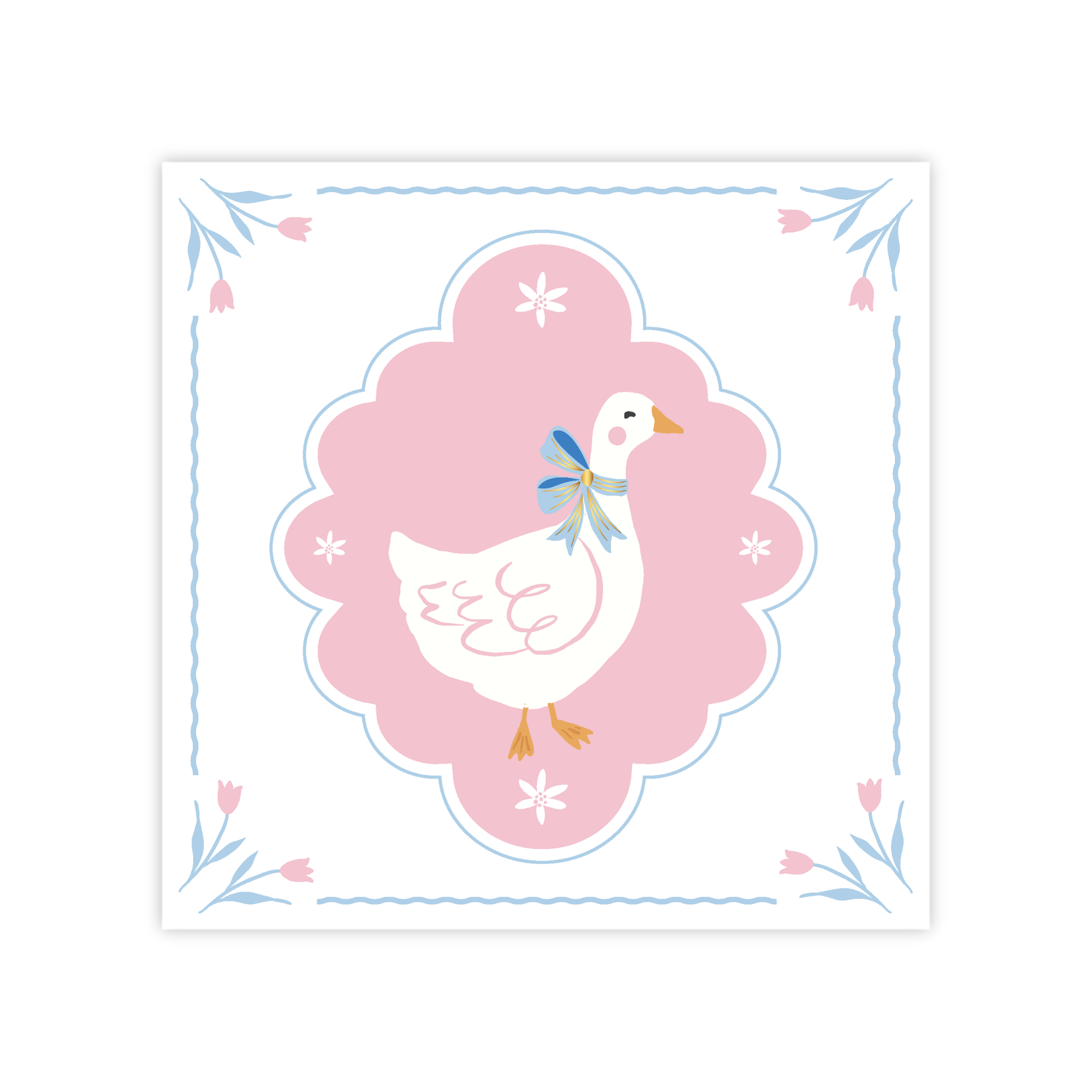 Sweet goose large napkin design with blue bow and pink tulip design