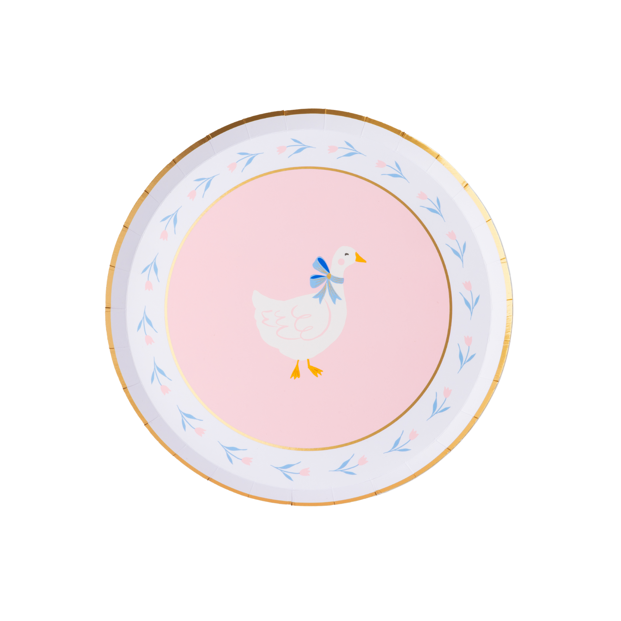 Pink goose dessert plate with blue bow and tulip border.
