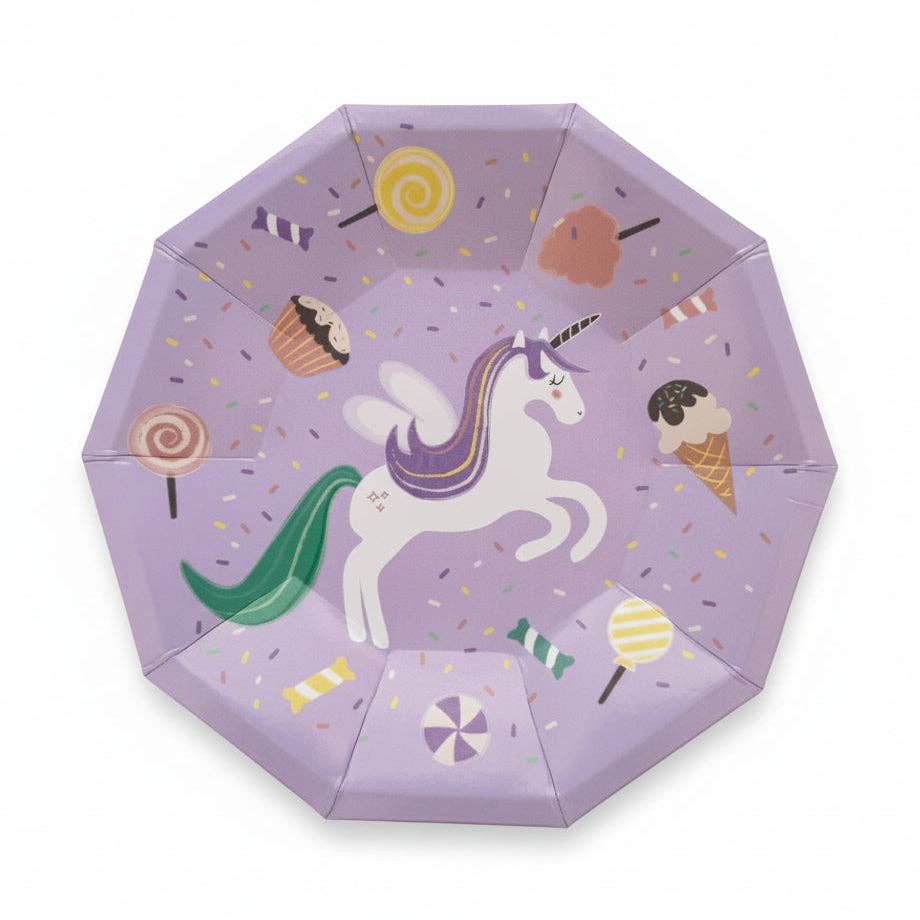 Octagonal purple paper plate with a leaping unicorn and candy illustrations
