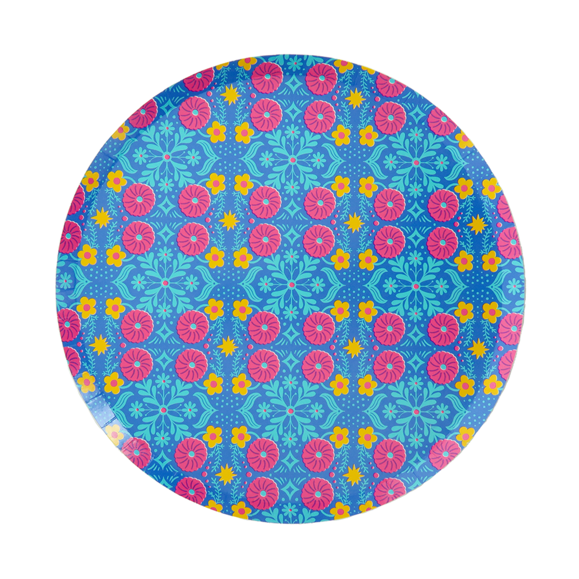 This paper party plate features a colorful floral fiesta pattern in pink, yellow, and teal on a bright blue background.
