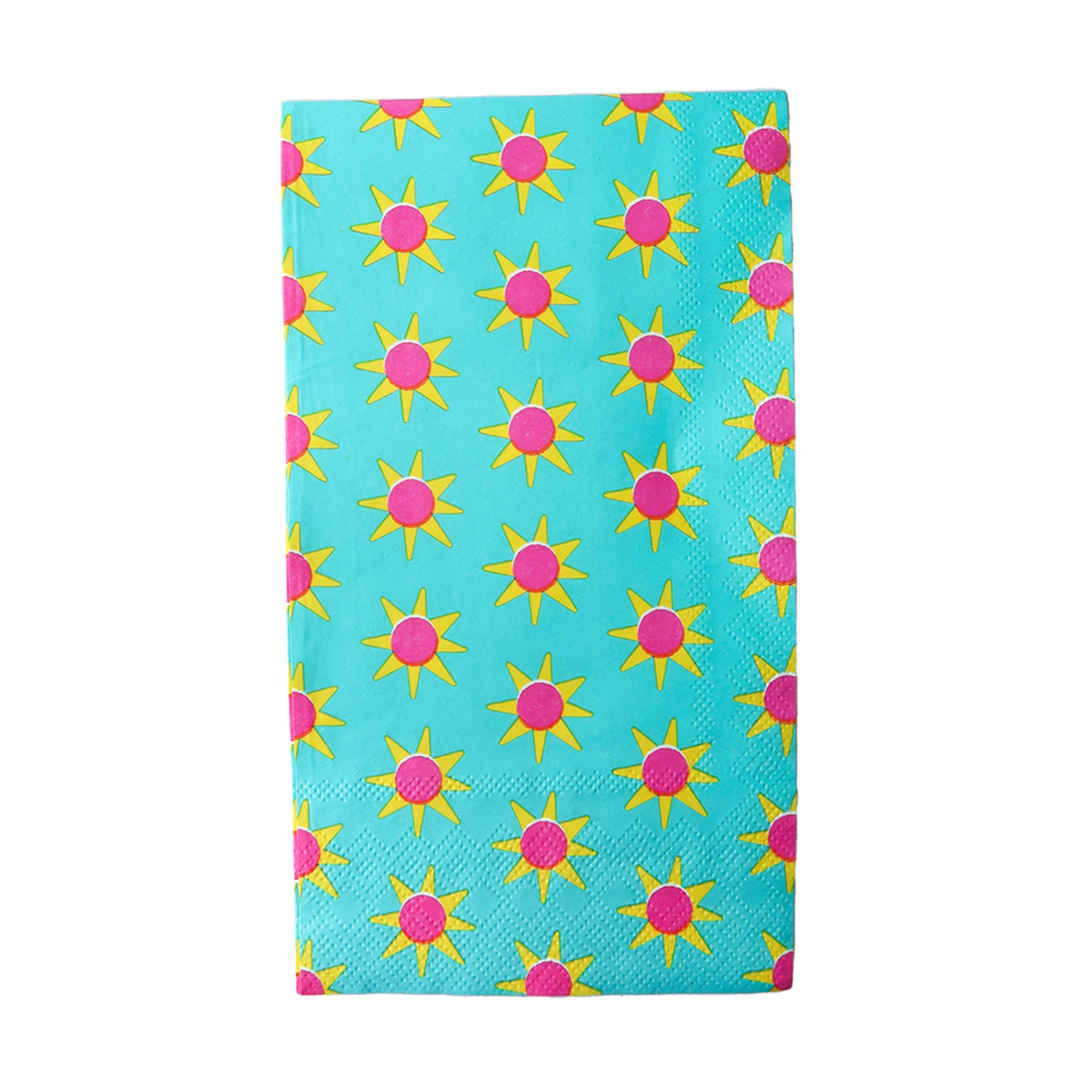 turquoise fiesta guest napkin with yellow sun pattern and pink centers
