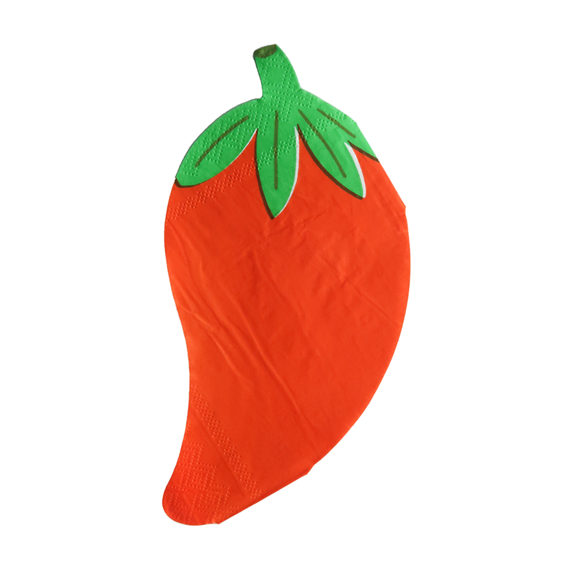This paper napkin is shaped like a bright red chili pepper with a green stem.
