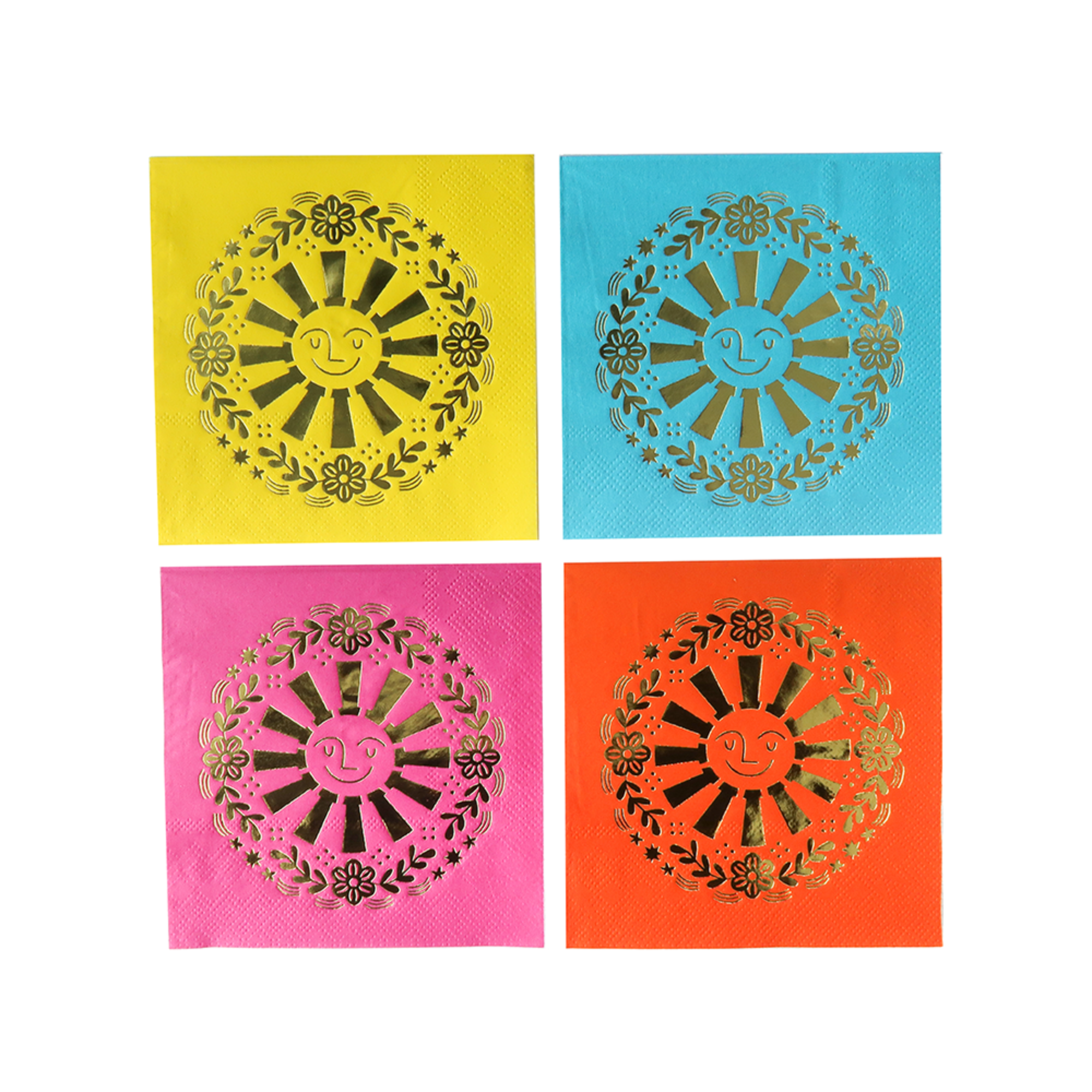 This image shows four colorful cocktail napkins featuring smiling sun designs in yellow, blue, pink, and orange.
