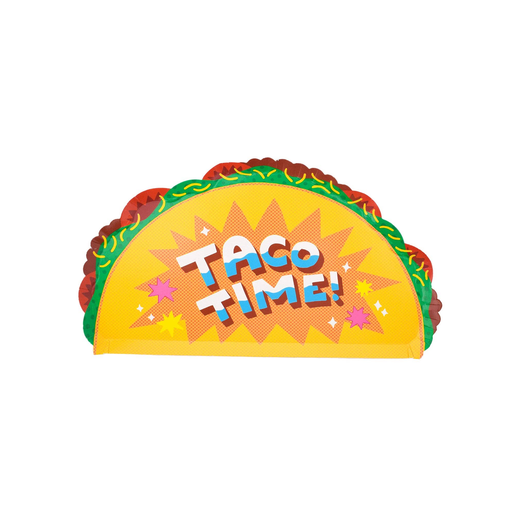 This image shows a taco-shaped paper plate with the words “Taco Time!” printed on a bright yellow background.