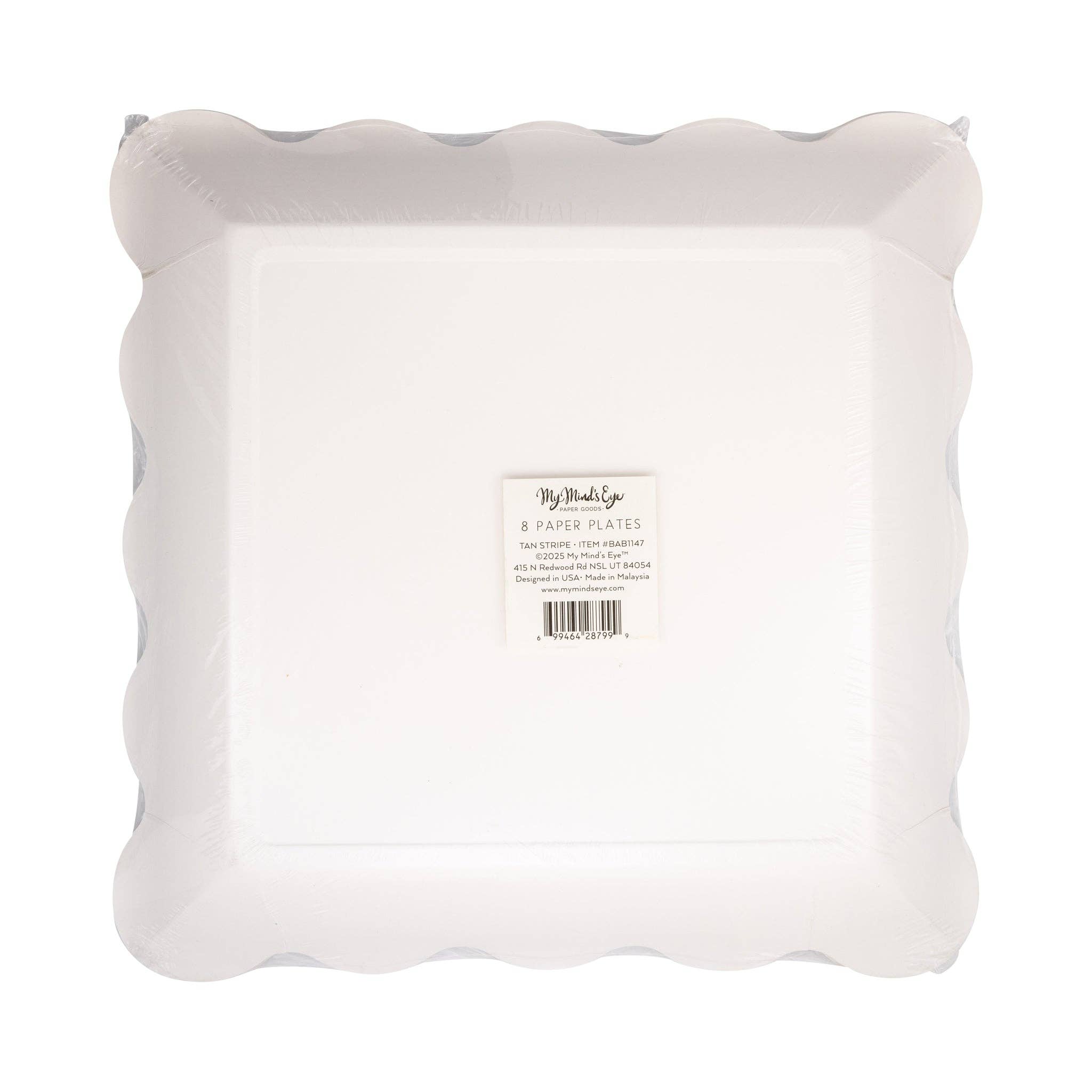 Packaging back of tan striped 10 inch paper plates