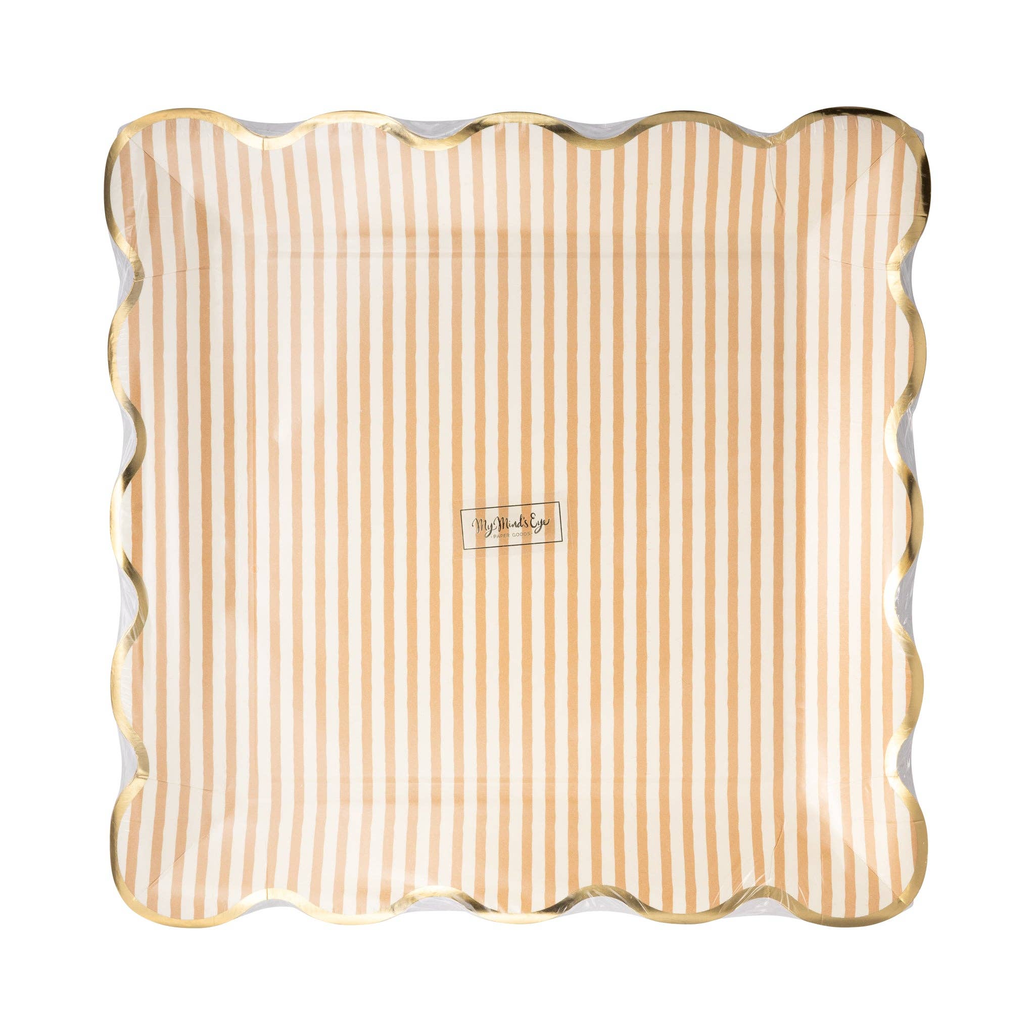 Packaging of tan striped 10 inch paper plates