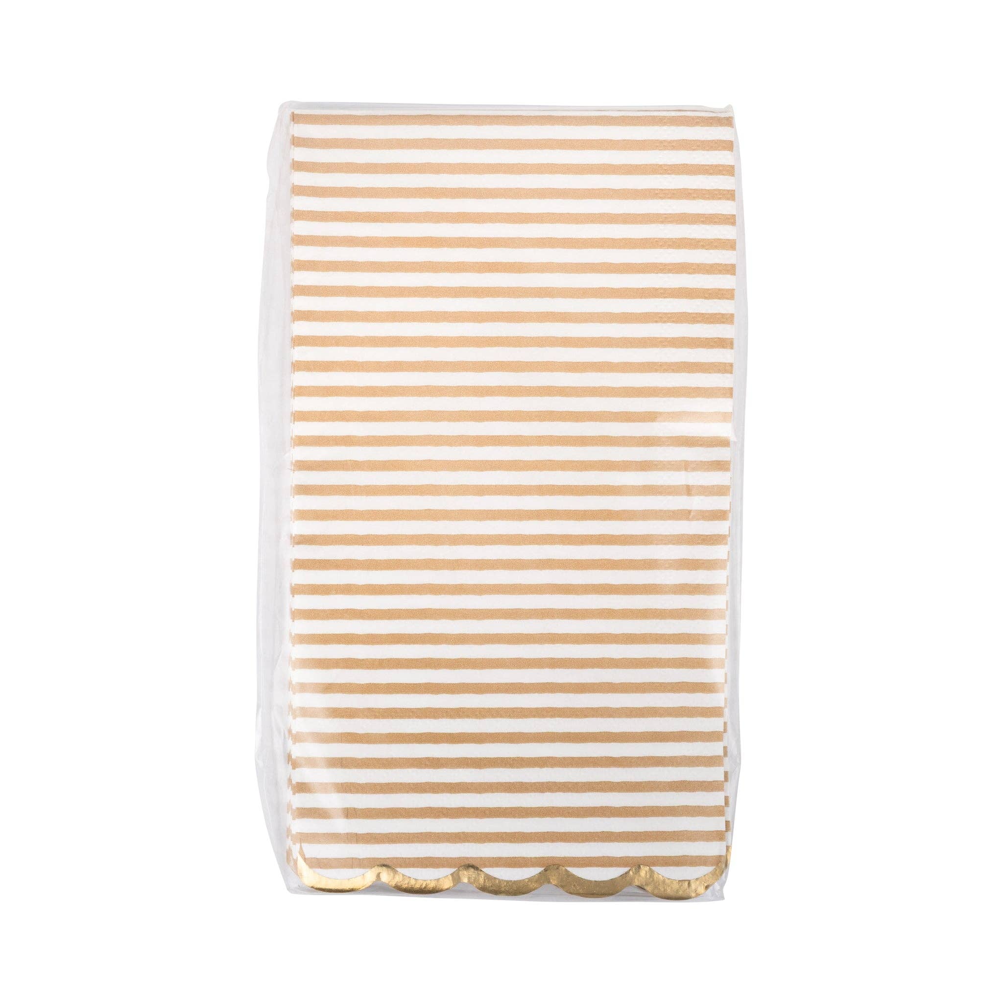 Packaged tan striped paper dinner napkins front view