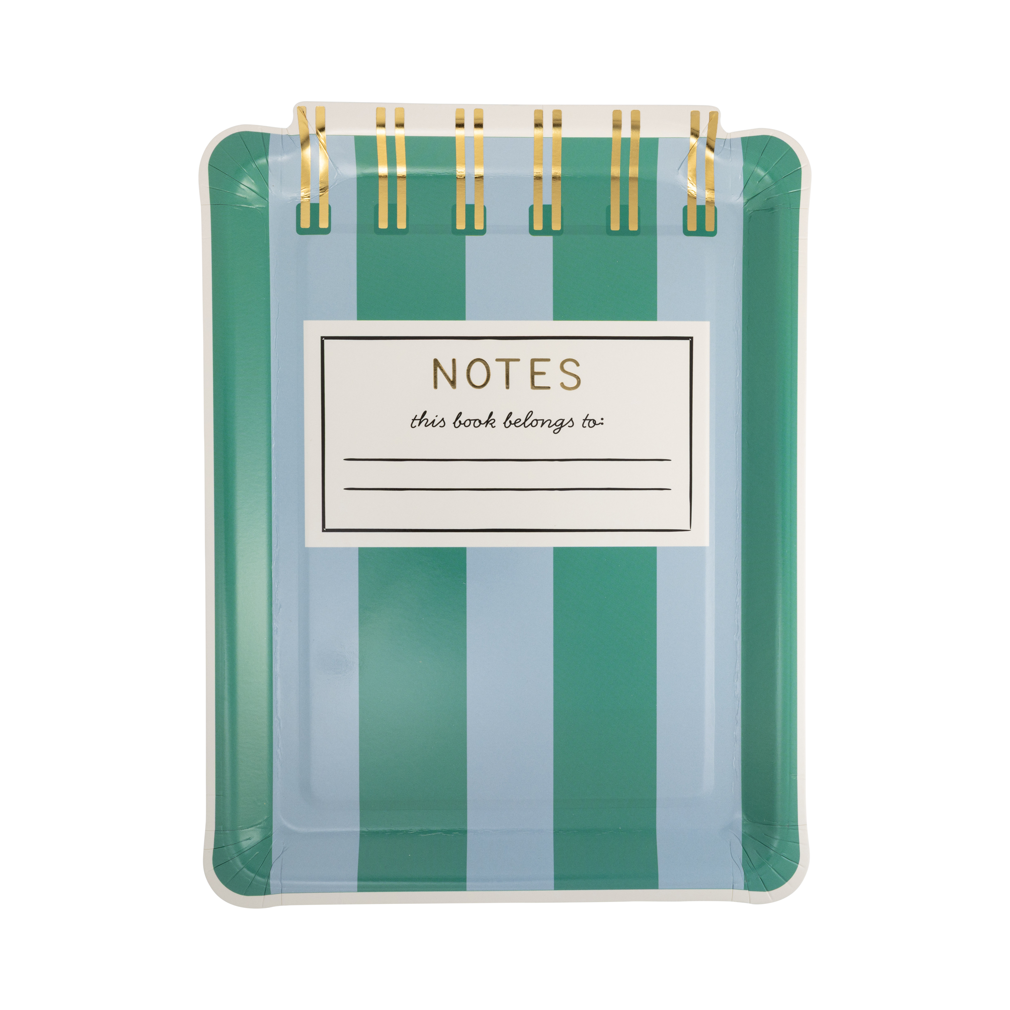 Teal and blue striped notebook shaped paper plate with gold foil spiral binding detail and gold foil "NOTES" title
