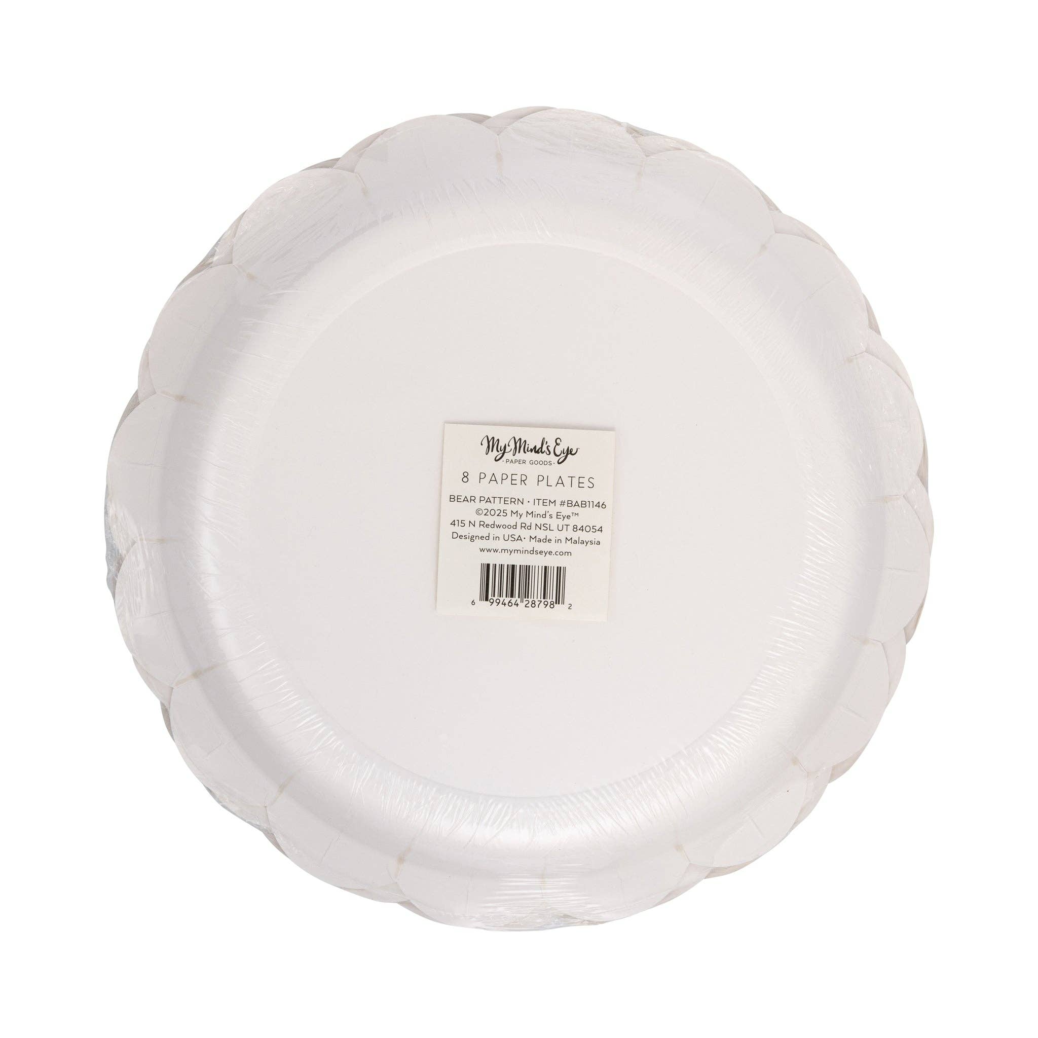 Back of teddy bear baby pattern paper plates in packaging