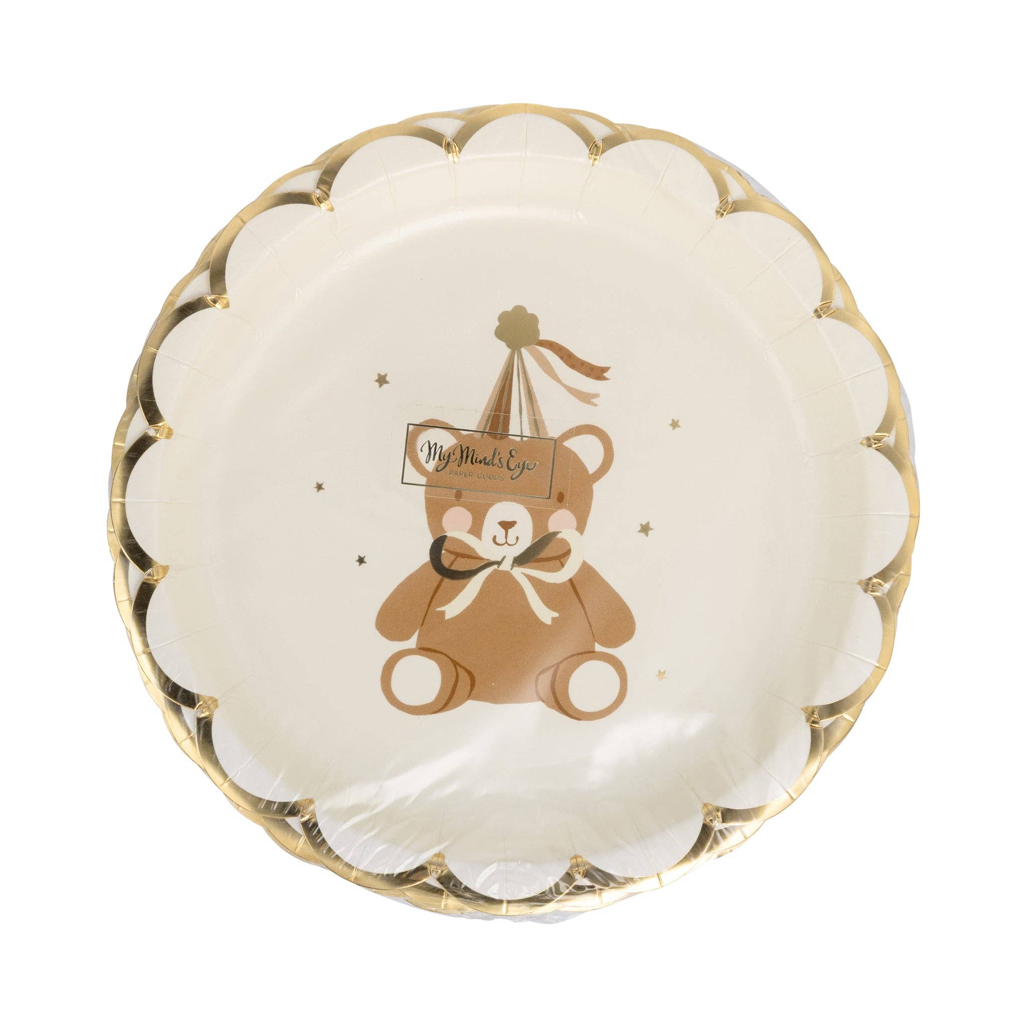 Front view of teddy bear baby dessert plate packaging